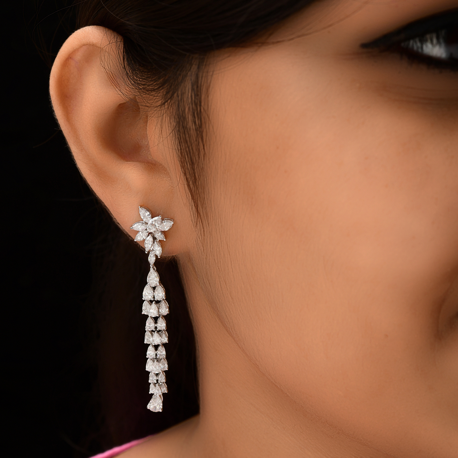 Floral Design Pear Marquise Diamond Long Dangle Earrings