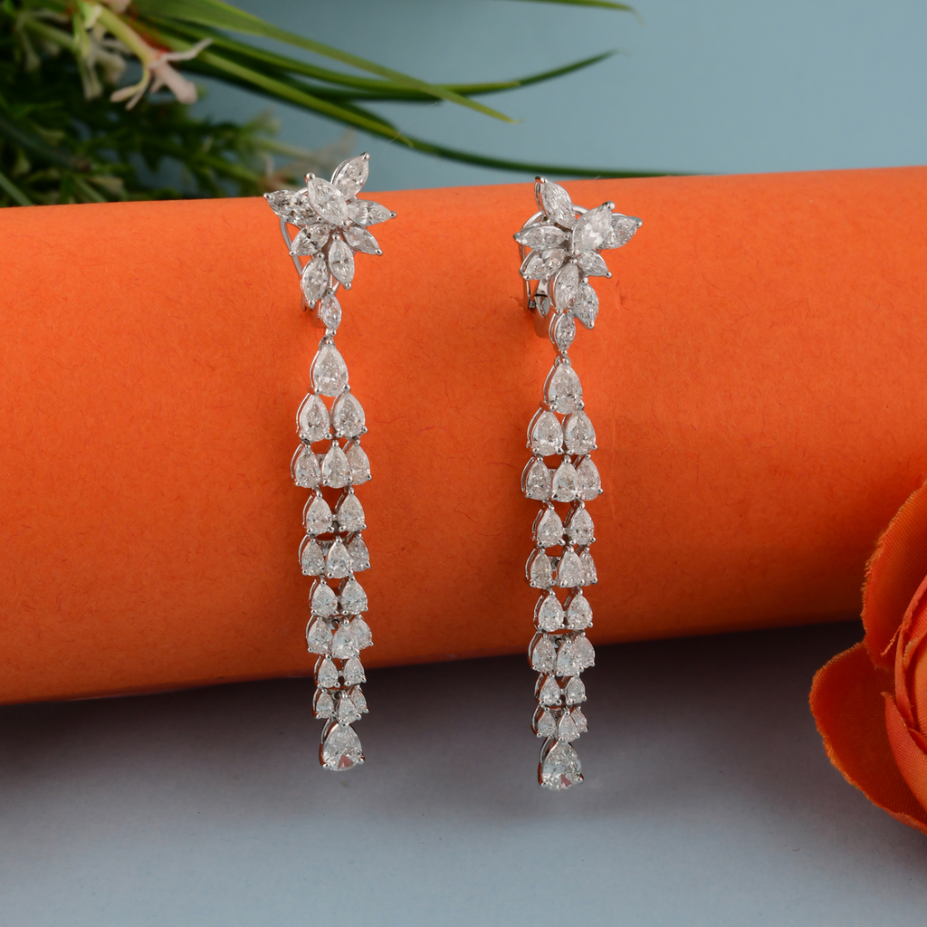 Floral Design Pear Marquise Diamond Long Dangle Earrings