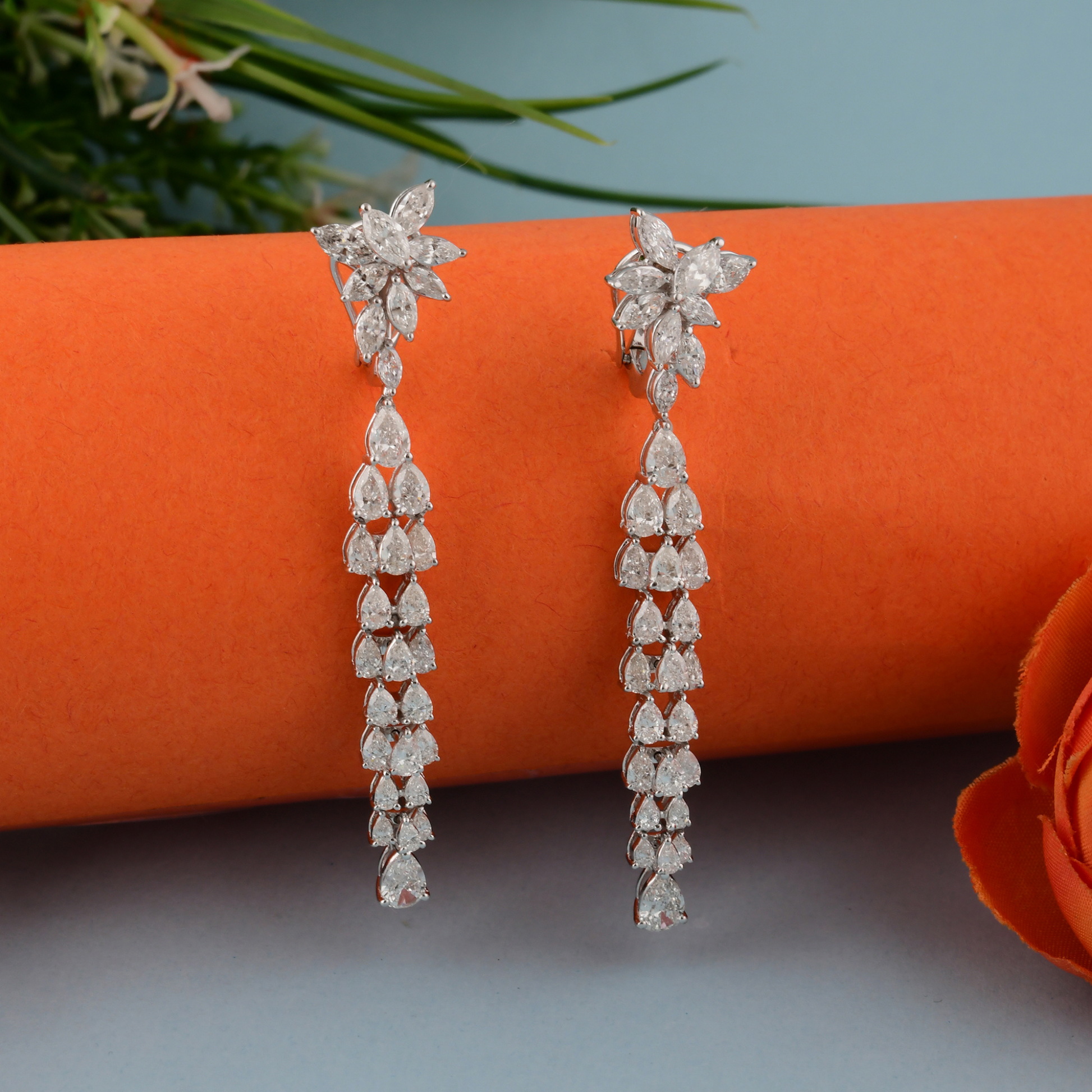 Floral Design Pear Marquise Diamond Long Dangle Earrings