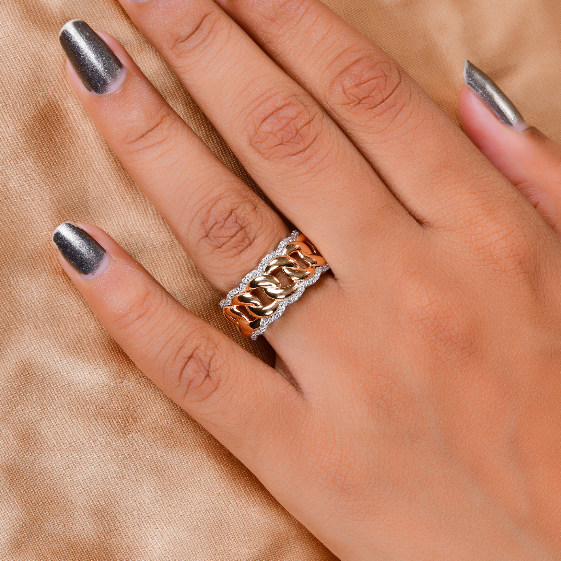 Unique Dual Tone Gold Chain Link Pave Diamond Band Ring