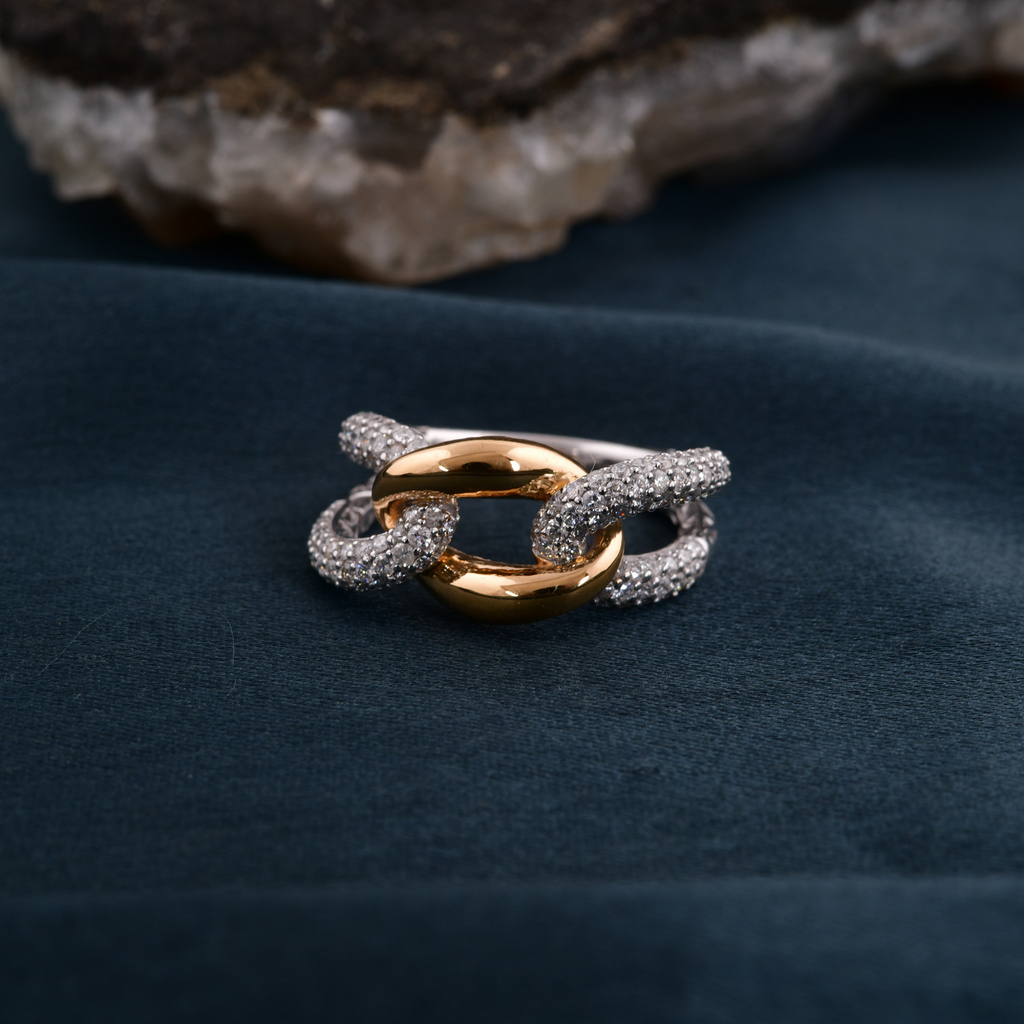 Statement Curb Link Band Ring SI/H Natural Pave Diamond Dual Tone Gold Jewelry