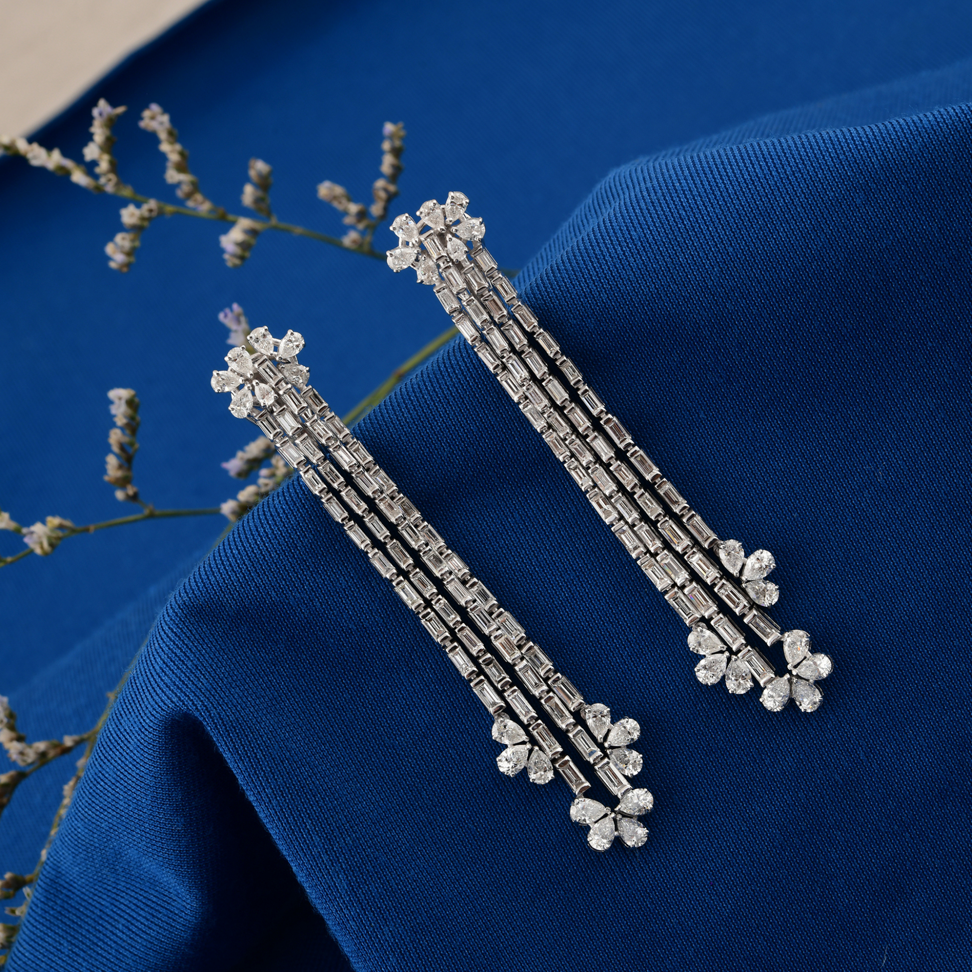 7.20 Carat Baguette Natural Diamond Chandelier Long Gold Earrings
