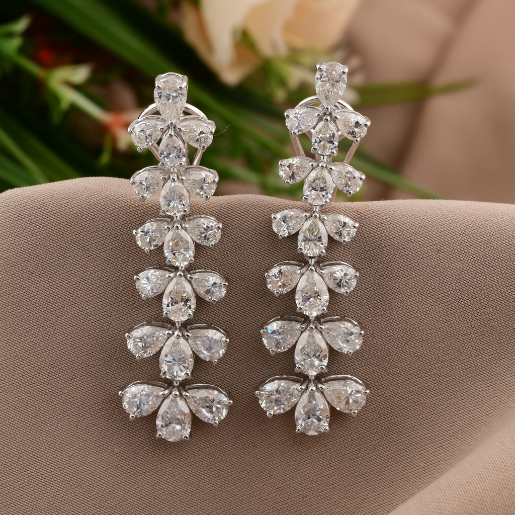 Handmade Natural SI Clarity HI Color Pear Diamond Leaf Dangle Gold Earrings