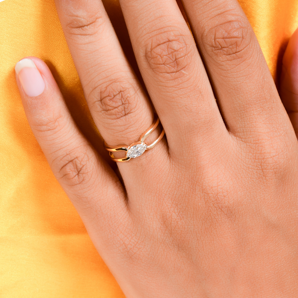 Minimalist Solitaire Marquise Cut Diamond Stackable Gold Band Ring