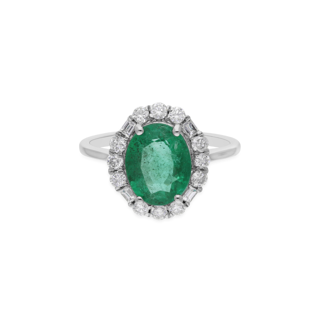 3.02Tcw Oval Shaped Zambian Emerald Natural SI/H Diamond Gold Halo Ring