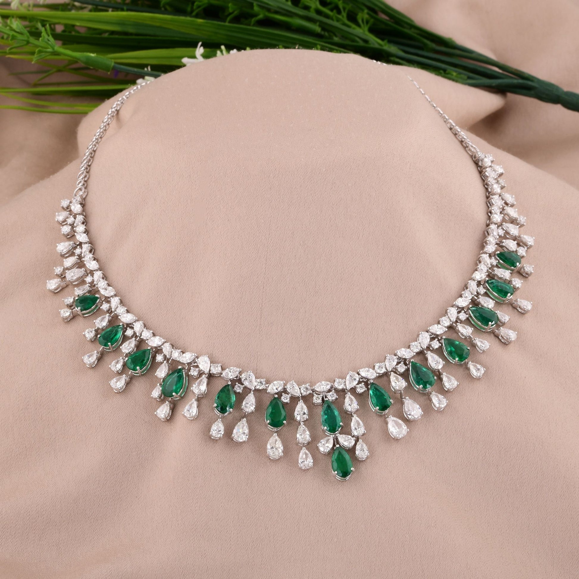 Zambian Emerald Pear Drop Gold Diamond Bridal Statement Necklace 30.00 Tcw