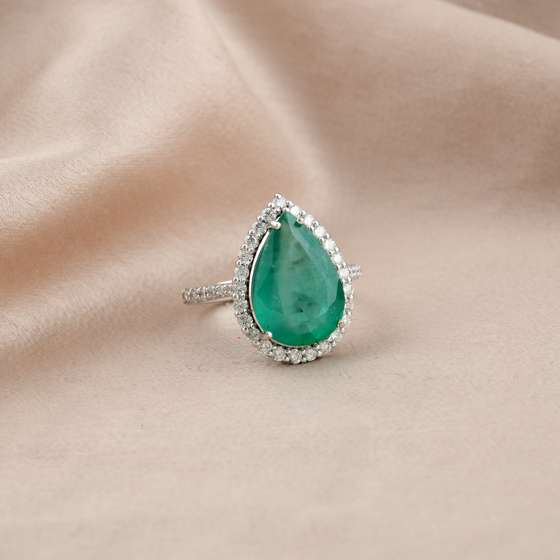 Pear Zambian Emerald SI/HI Diamond Halo Engagement Ring in Fine Gold 5.83 Tcw