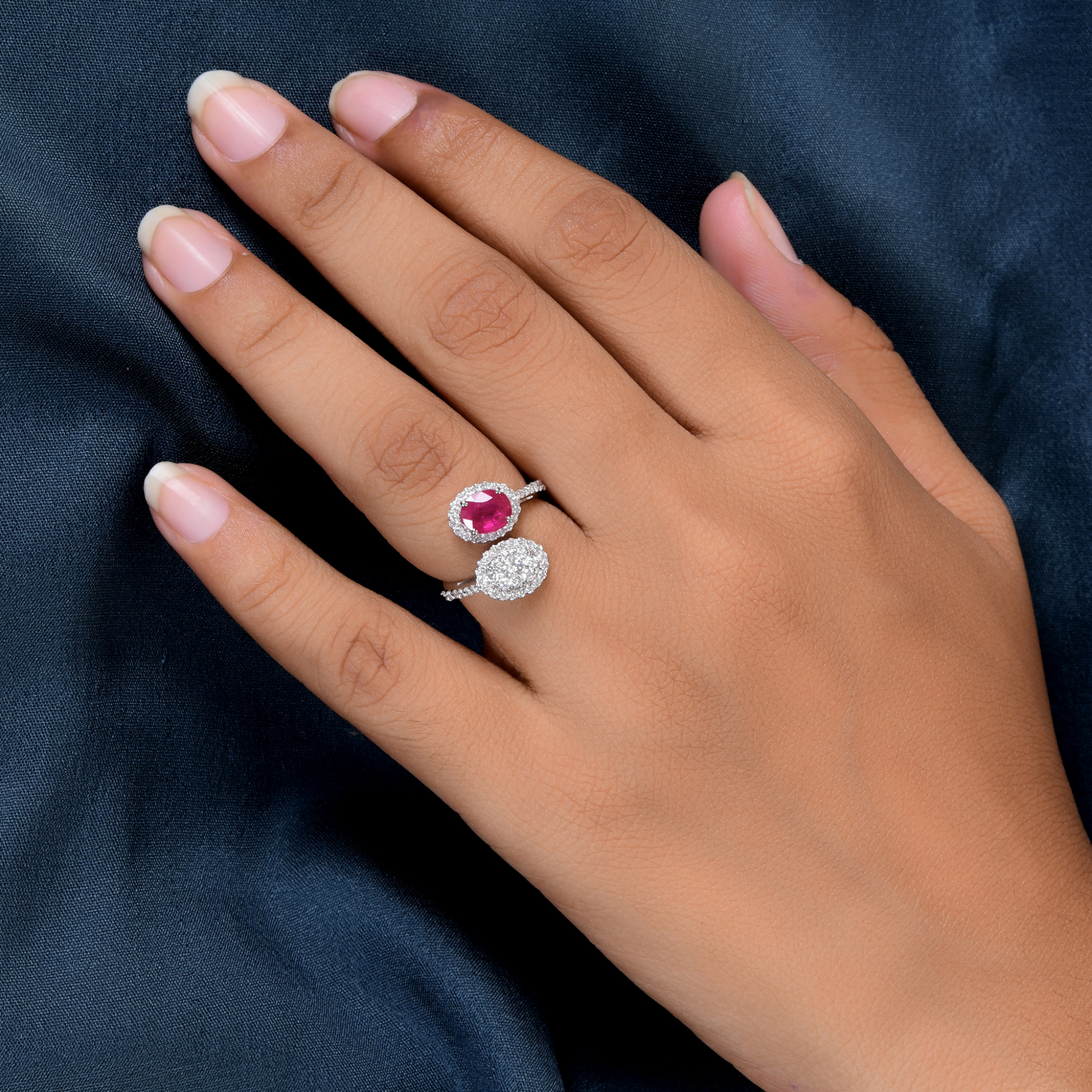 Statement Oval Cut Ruby Gemstone Diamond Cluster Gold Bypass Bridal Ring