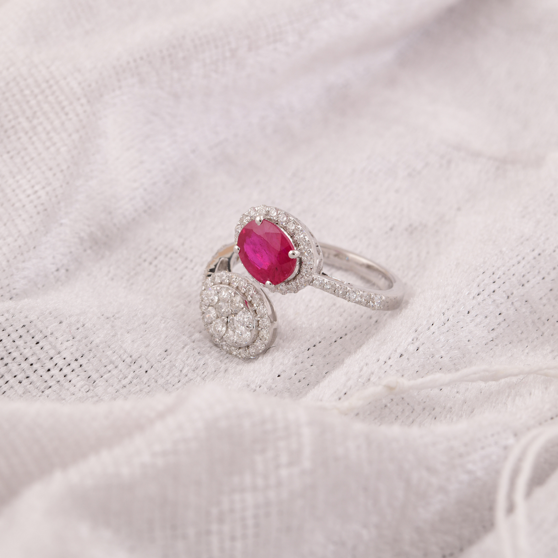 Statement Oval Cut Ruby Gemstone Diamond Cluster Gold Bypass Bridal Ring