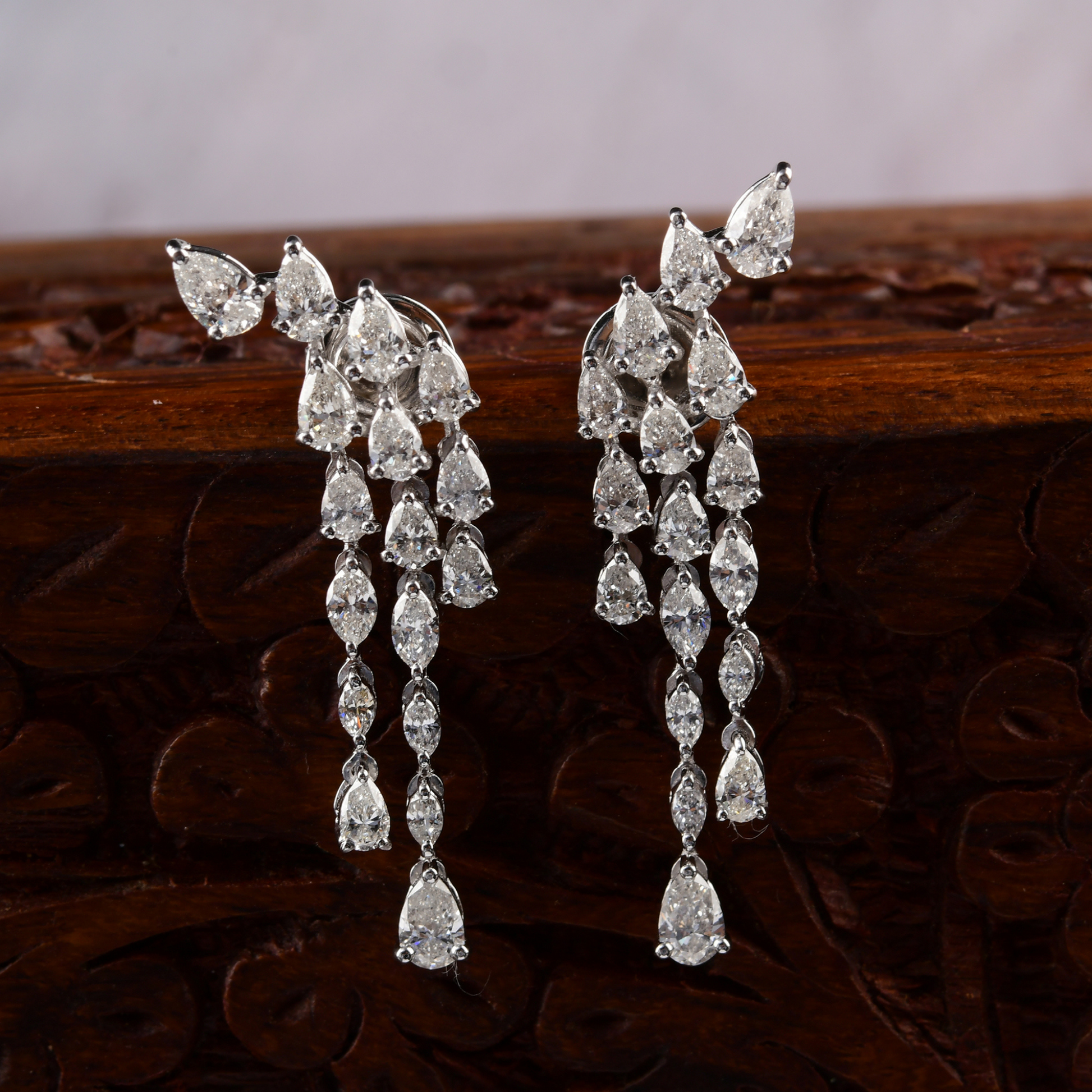Fine Gold Natural SI/H Pear Marquise Diamond Dangle Drop Earrings