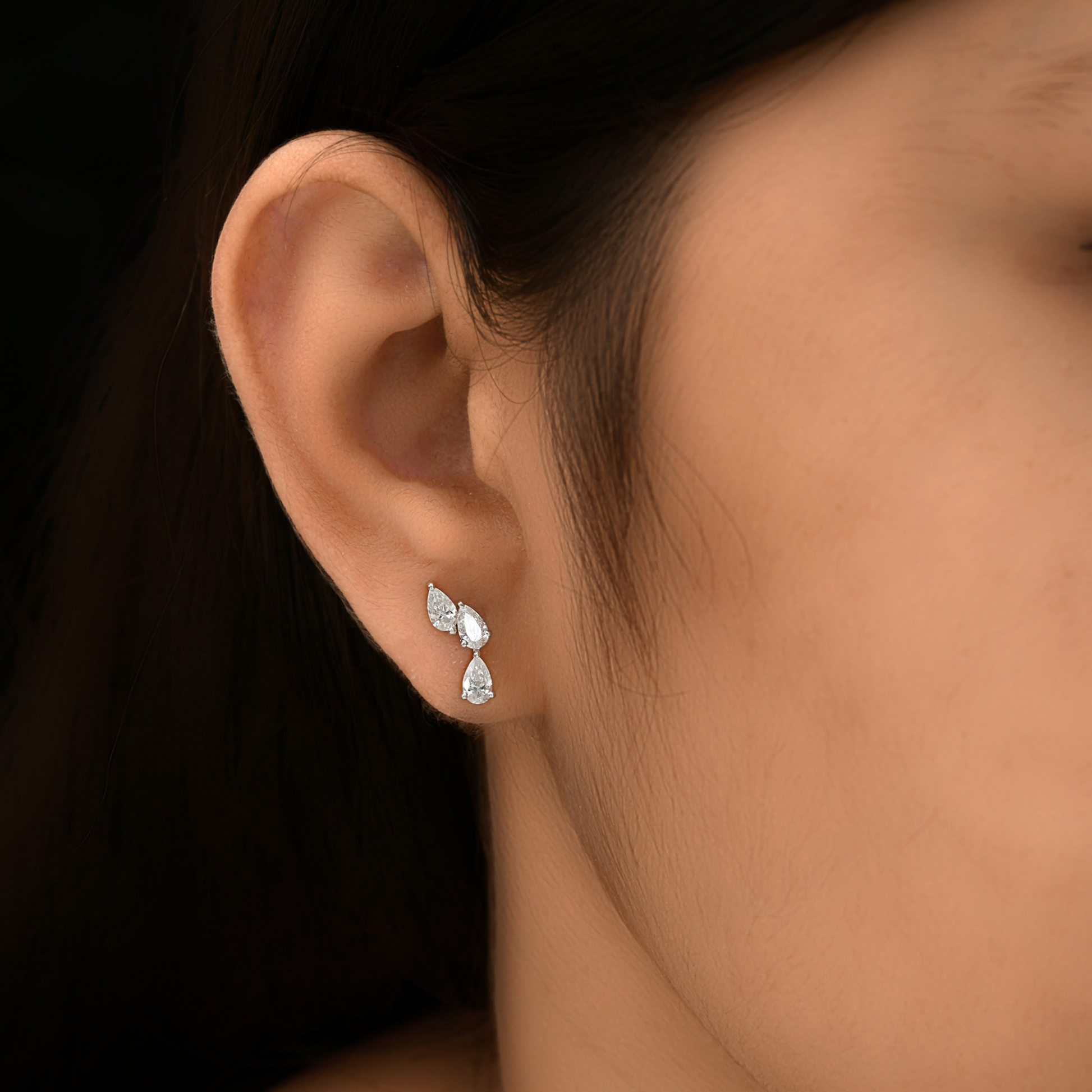 Minimalist Triple Pear Cut Natural SI/H Diamond Stud Earrings