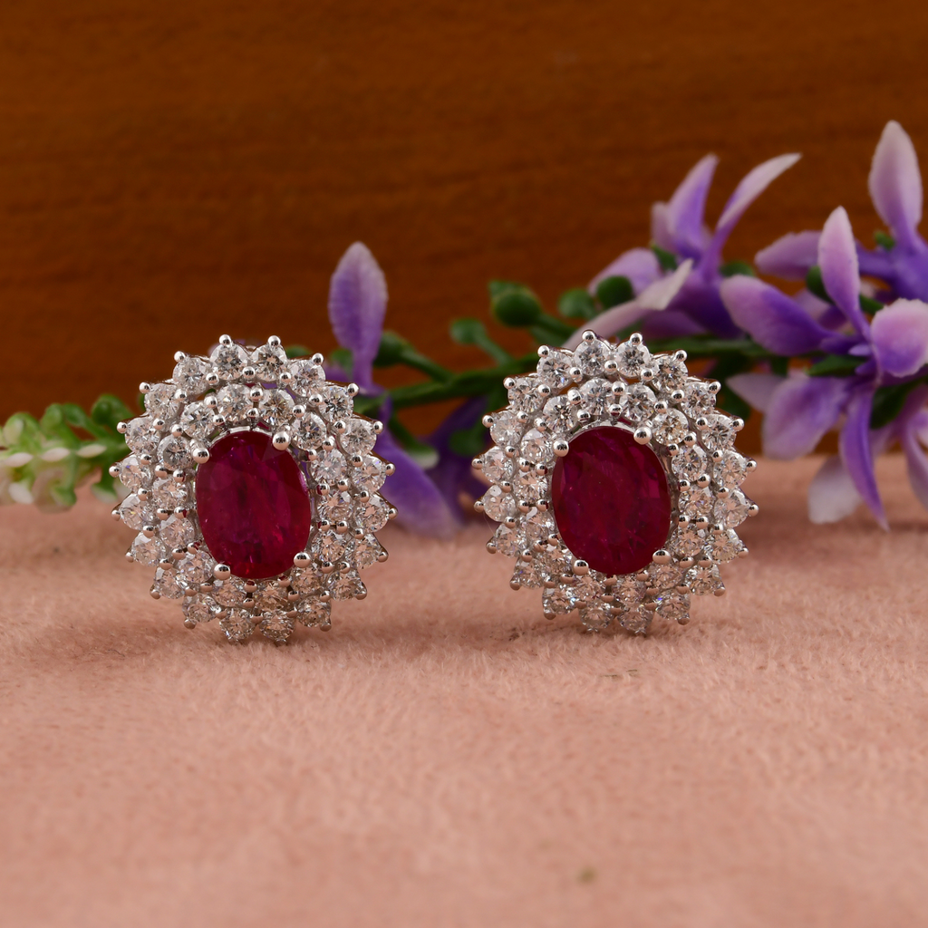 Natural SI/H Diamond Oval Shaped Ruby Gemstone Gold Stud Earrings