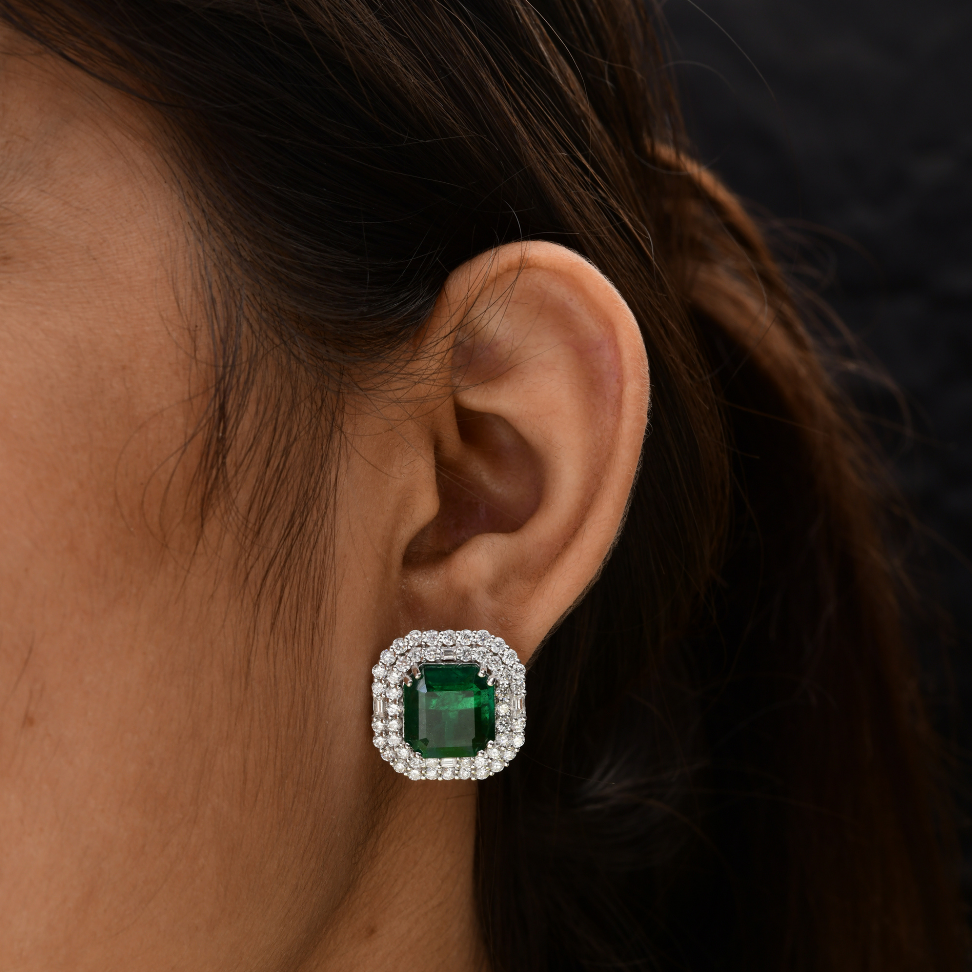 15.81 Tcw Cushion Cut Emerald with Baguette & Round Diamond Gold Studs Earrings