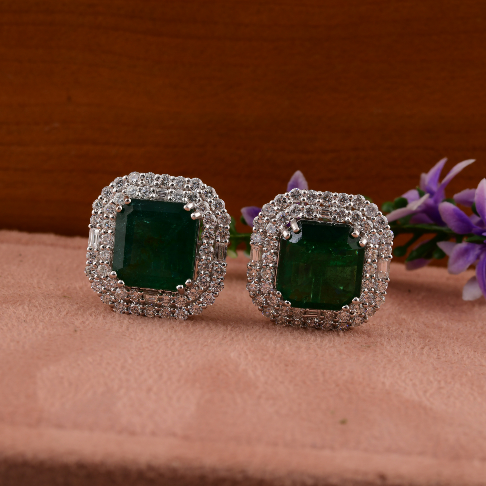 15.81 Tcw Cushion Cut Emerald with Baguette & Round Diamond Gold Studs Earrings