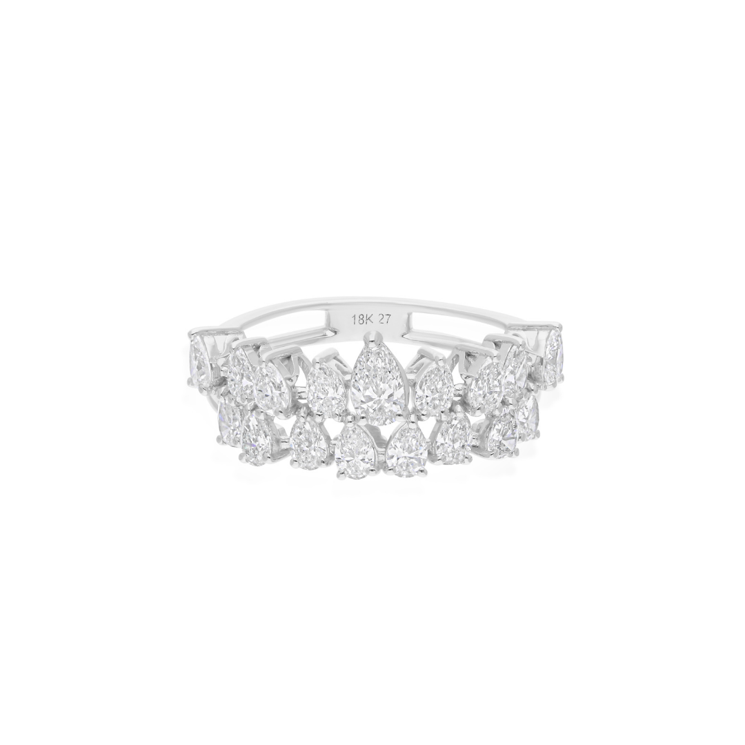 Double Band 1.58 Ct Natural SI/H Solid Gold Pear Diamond Cluster Ring