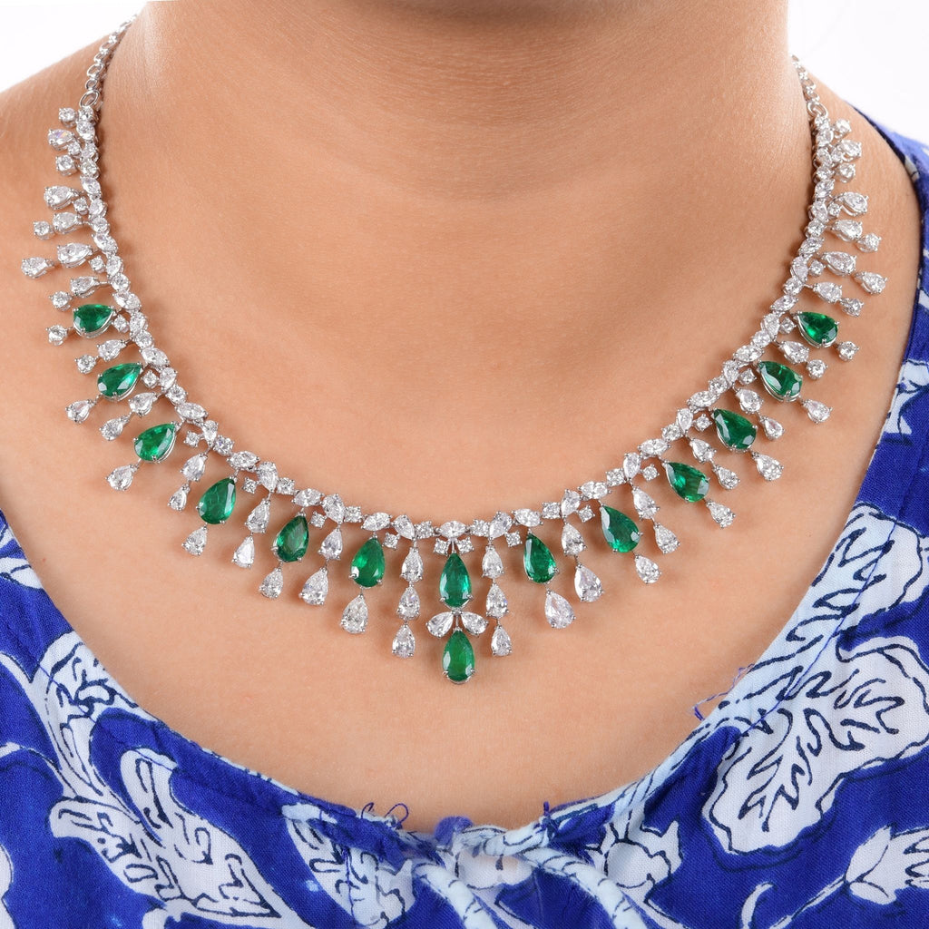 Zambian Emerald Pear Drop Gold Diamond Bridal Statement Necklace 30.00 Tcw