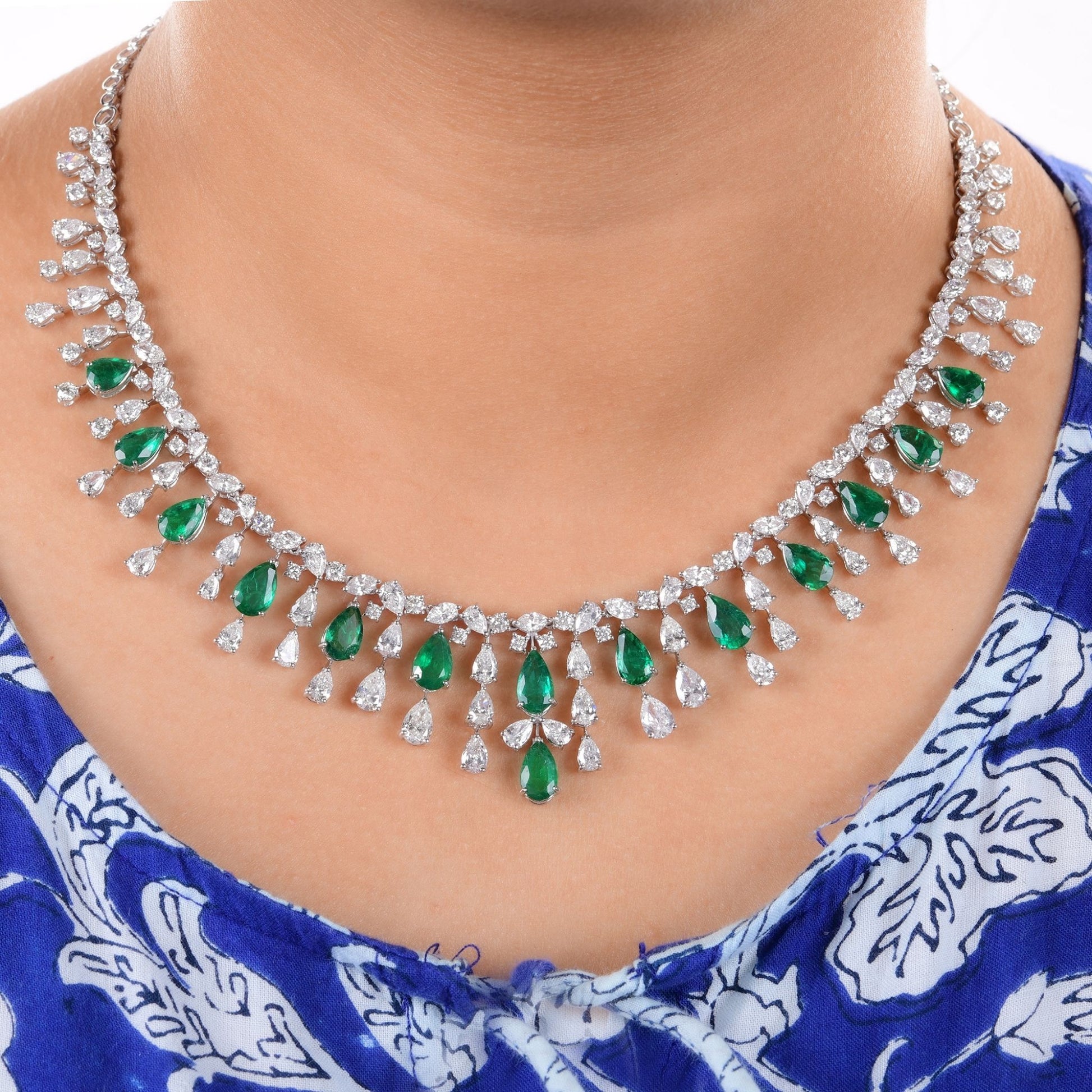 Zambian Emerald Pear Drop Gold Diamond Bridal Statement Necklace 30.00 Tcw