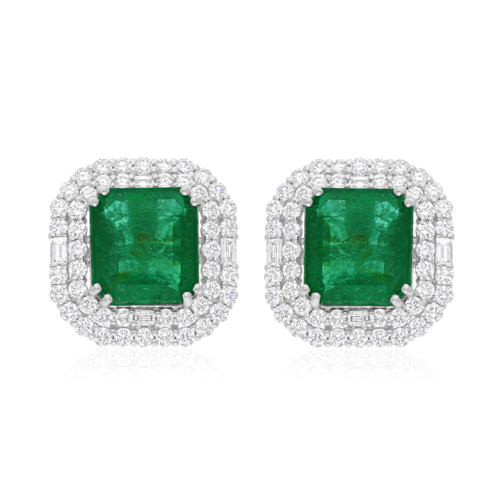 15.81 Tcw Cushion Cut Emerald with Baguette & Round Diamond Gold Studs Earrings