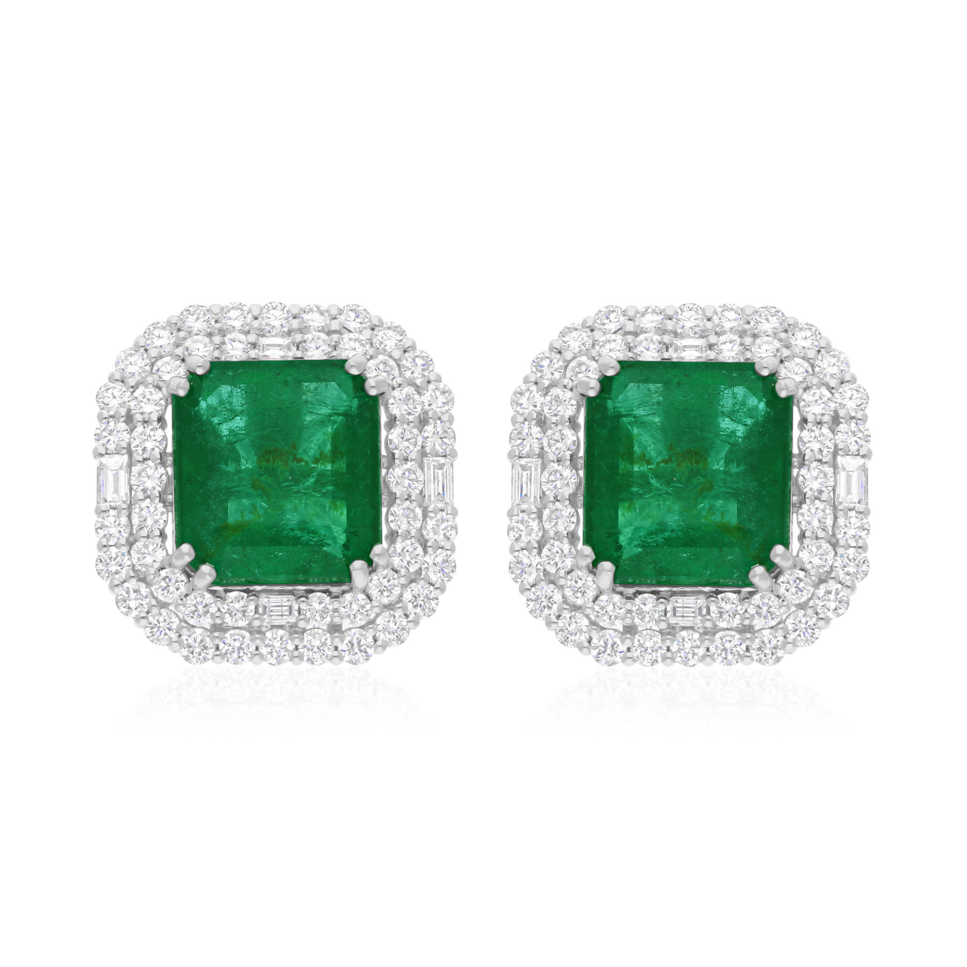 15.81 Tcw Cushion Cut Emerald with Baguette & Round Diamond Gold Studs Earrings