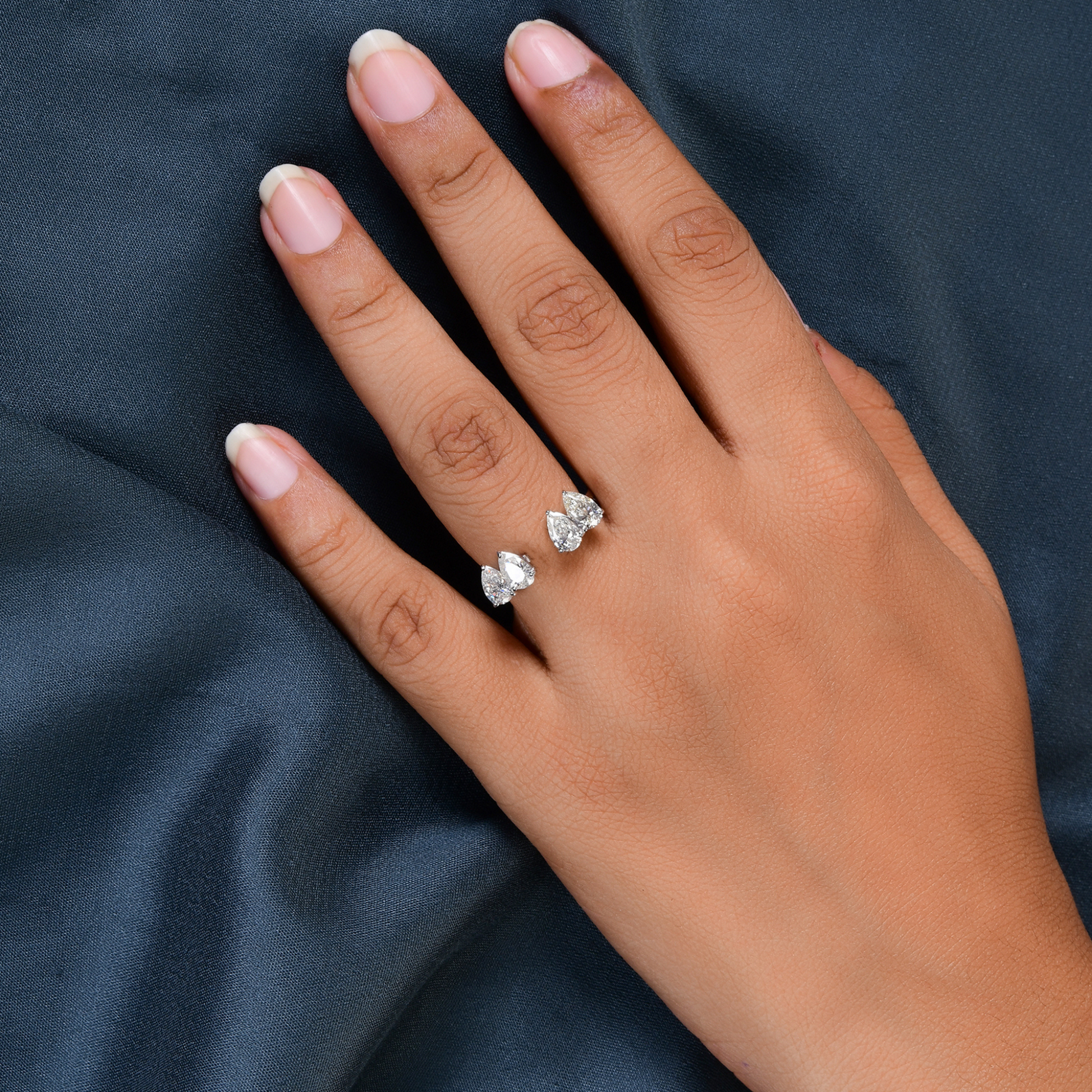Four Stone Prong Set Pear Cut Diamond Open Cuff Ring