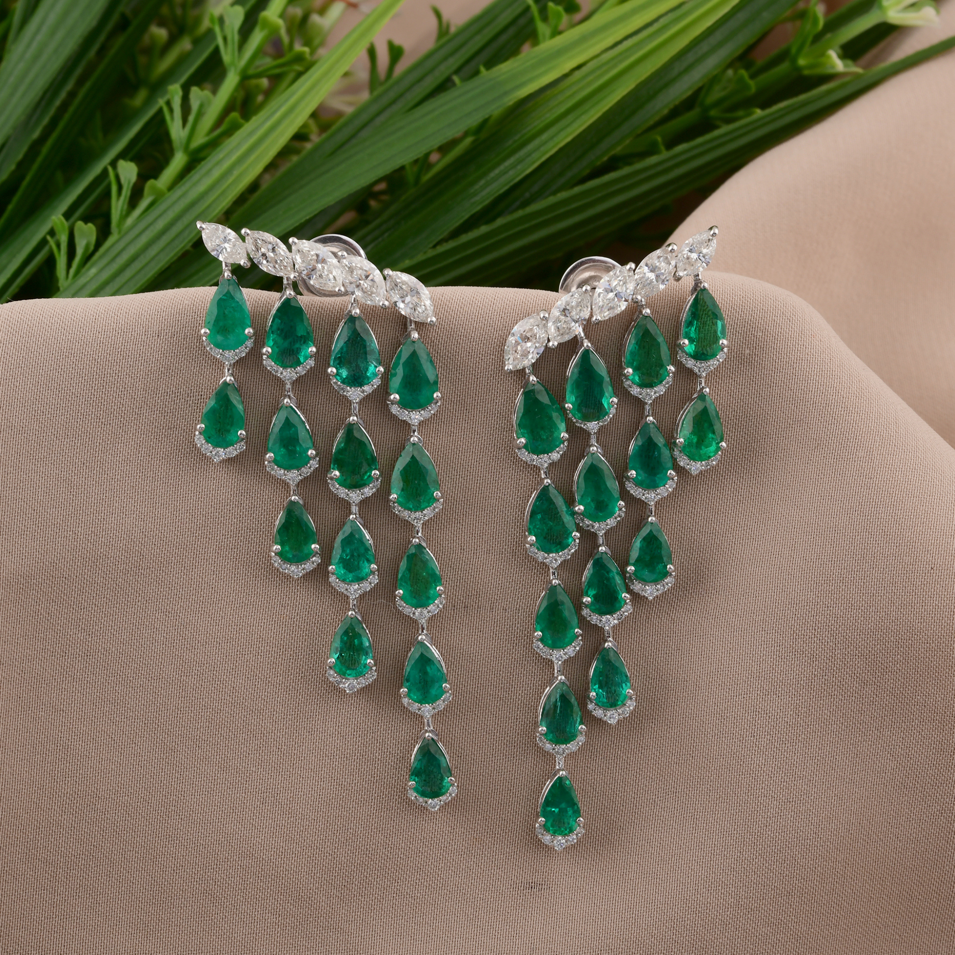 Statement Zambian Emerald & Diamond Chandelier Waterfall Gold Earrings