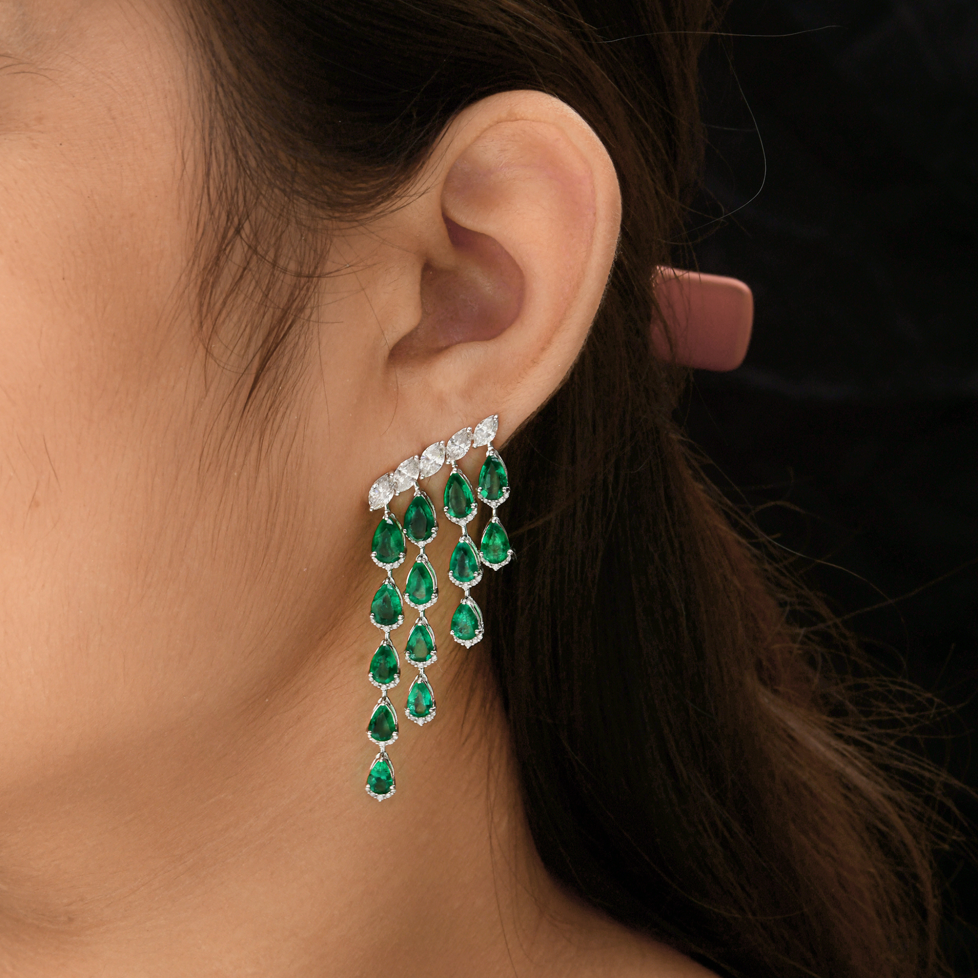 Statement Zambian Emerald & Diamond Chandelier Waterfall Gold Earrings