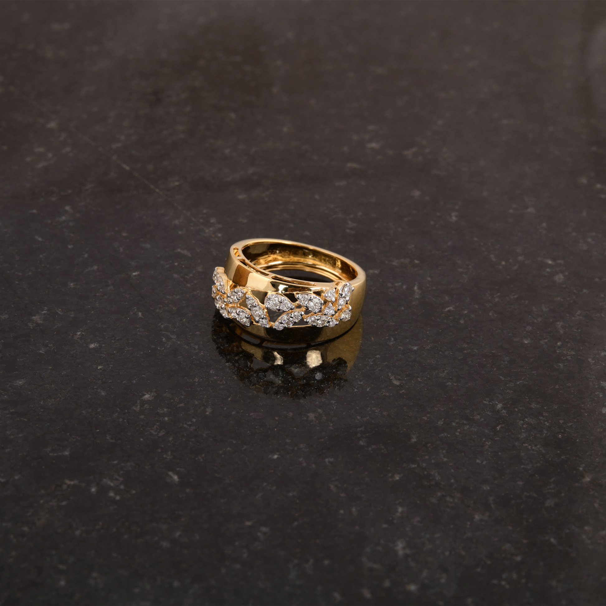 Wide Band Pave Set Natural Round Cut Diamond Statement Leaf Gold Ring