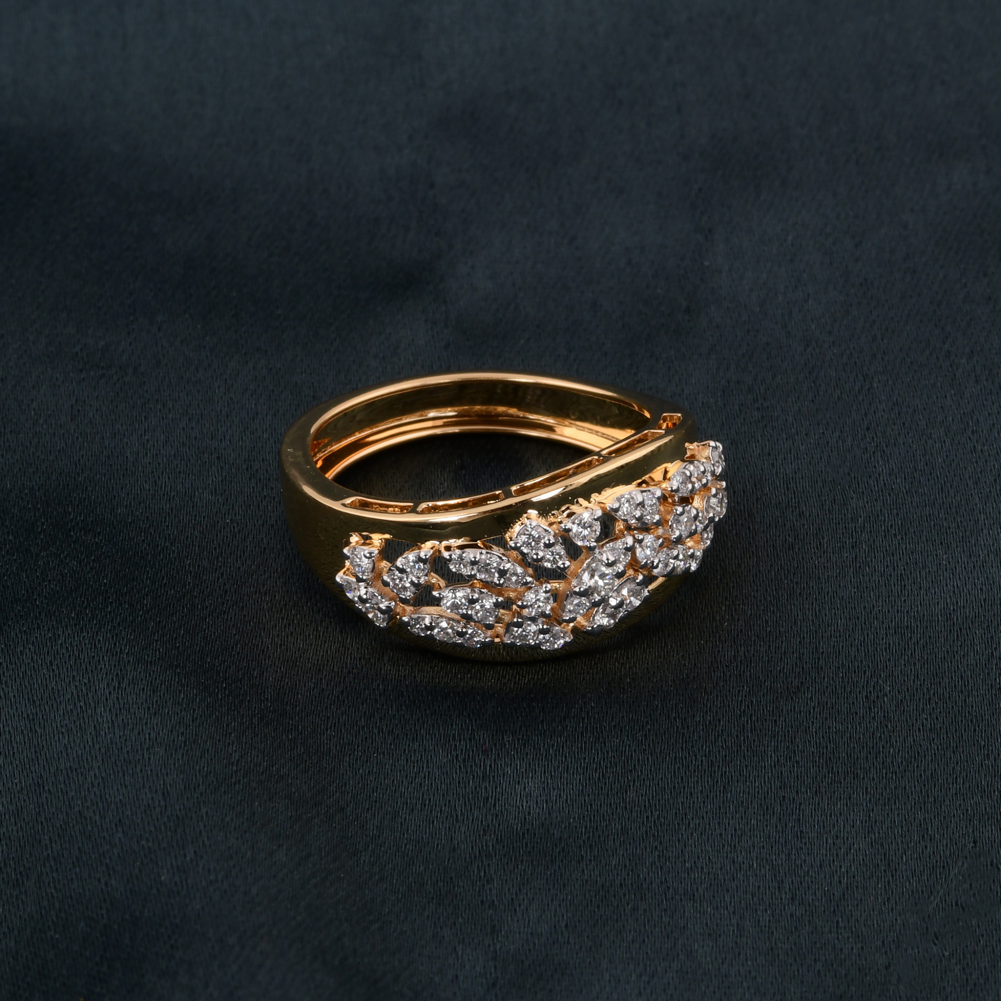 Solid Gold Handmade Floral Dome Round Pave Natural H/SI Diamond Ring