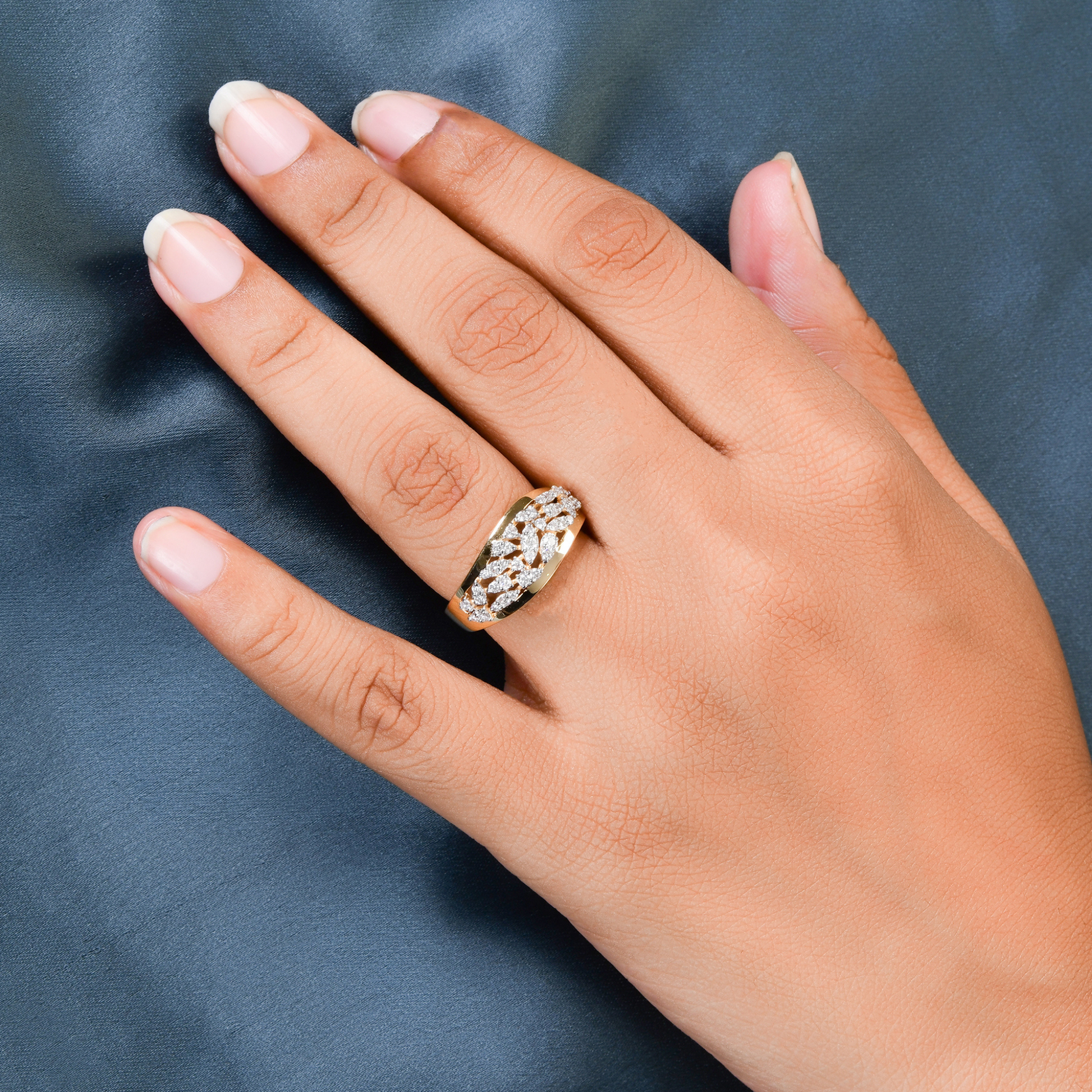 Solid Gold Handmade Floral Dome Round Pave Natural H/SI Diamond Ring