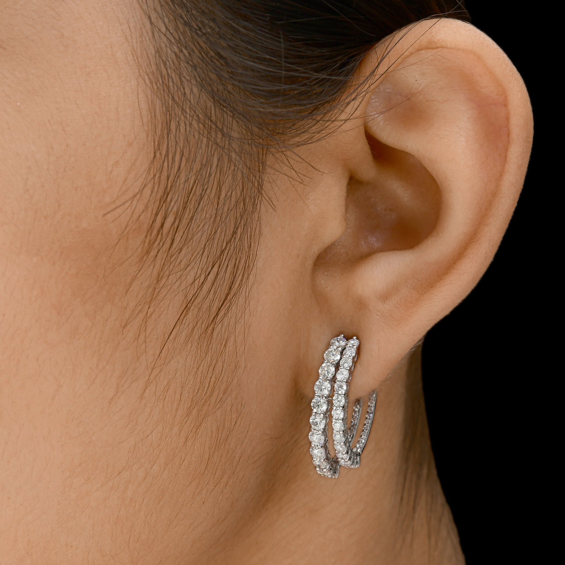 Elegant Triple Strand Round Cut Diamond C-Hoop Push Back Earrings