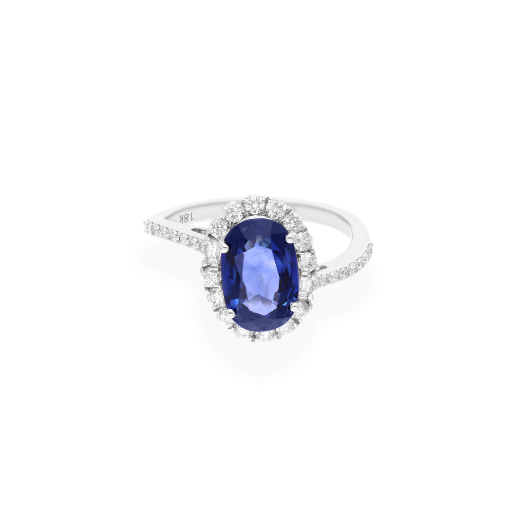 3.96 Tcw Oval Cut Blue Sapphire Round Diamond Halo Gold Wedding Ring