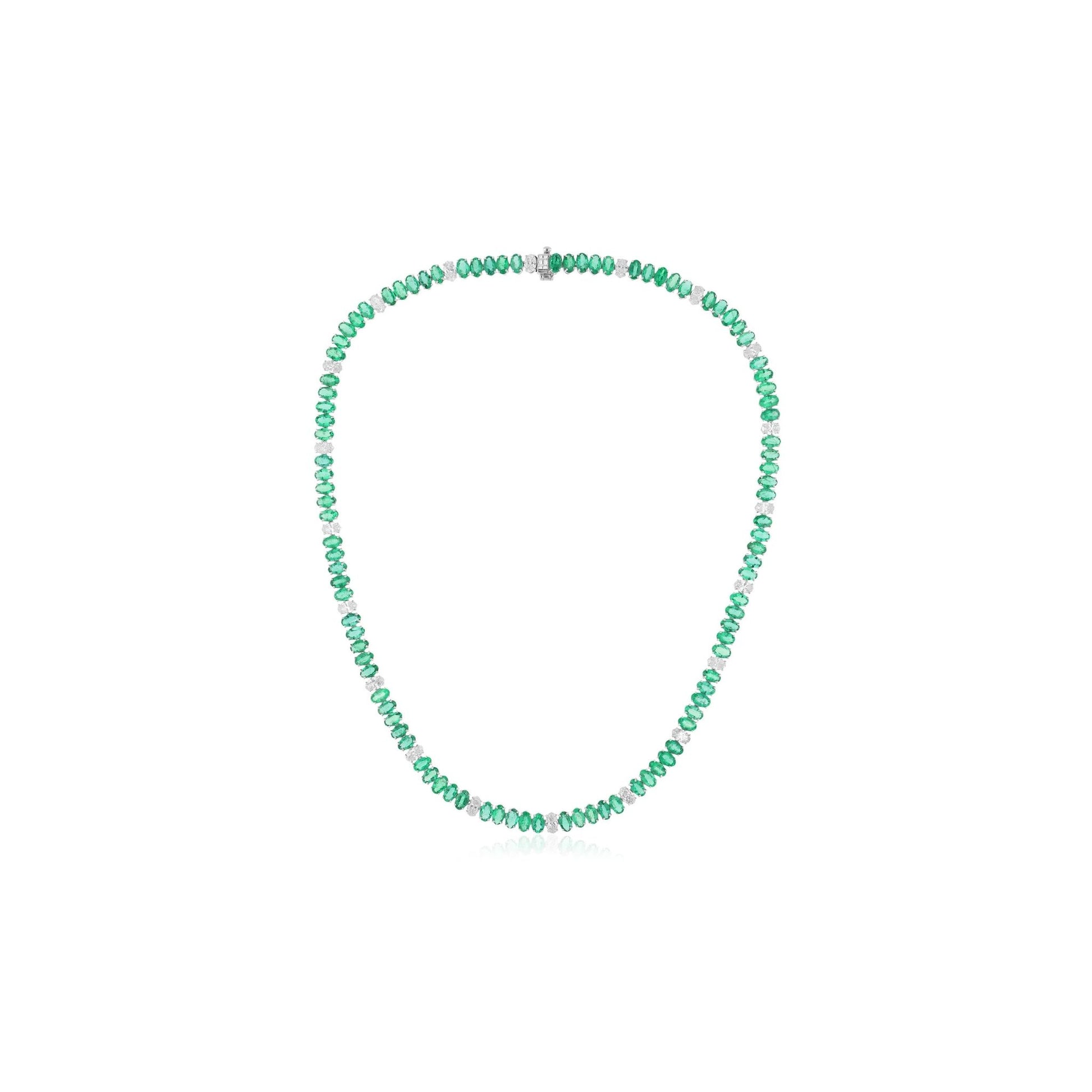 Zambian Emerald Oval Brilliant Cut Natural Diamond Gold Women Necklace