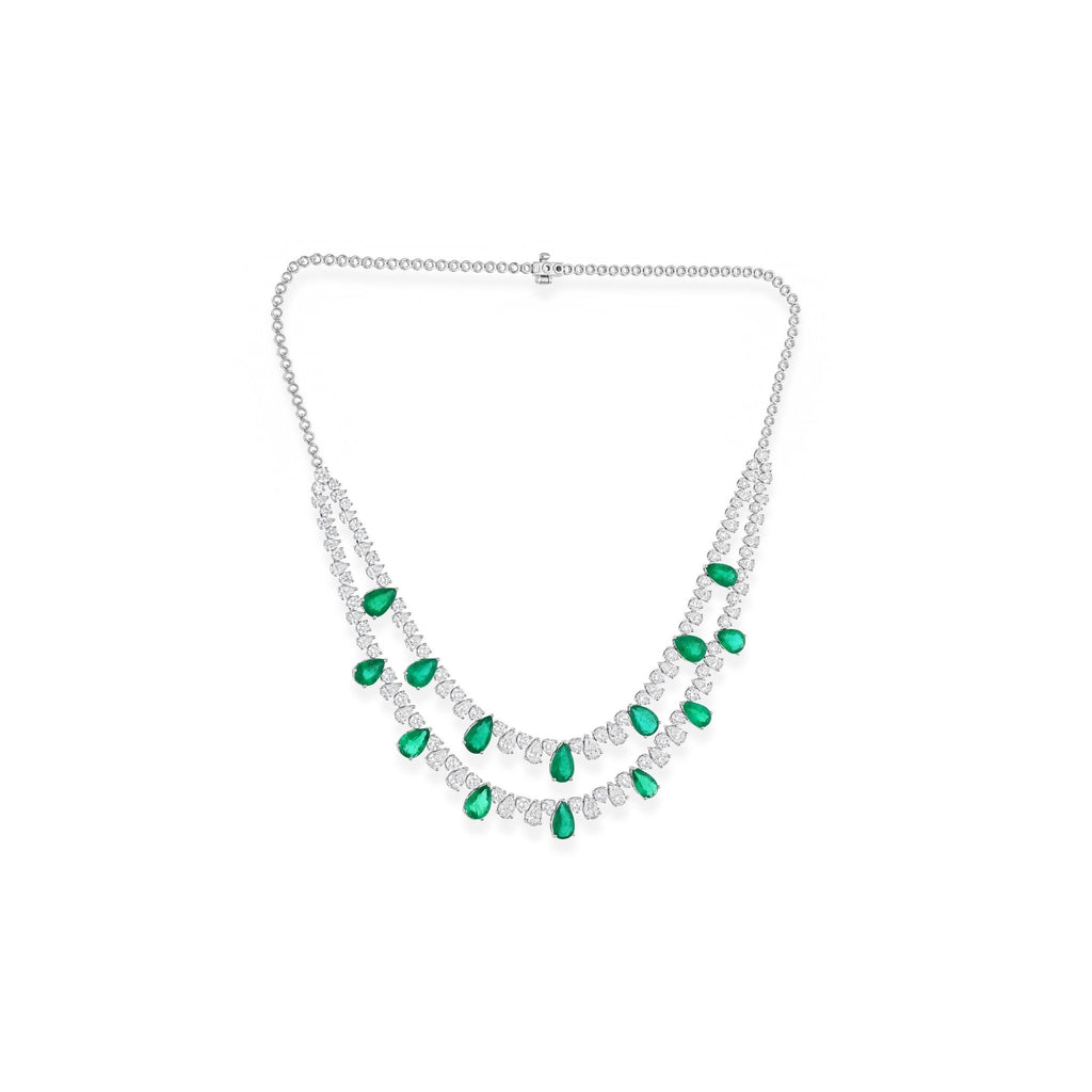 31.17 Tcw Pear Zambian Emerald Natural Diamond Necklace in 18k Fine Gold