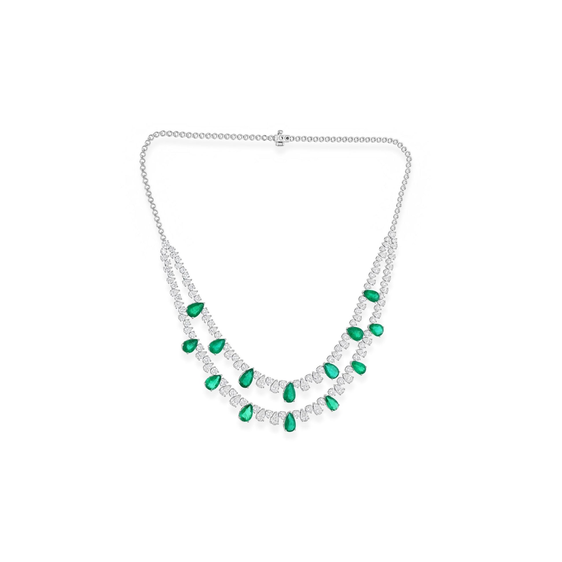 31.17 Tcw Pear Zambian Emerald Natural Diamond Necklace in 18k Fine Gold