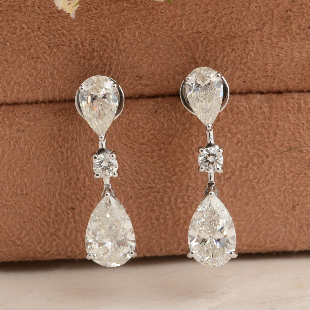 Natural Pear Round Shaped Diamond Drop Earrings in Gold Handmade Fine Jewelry