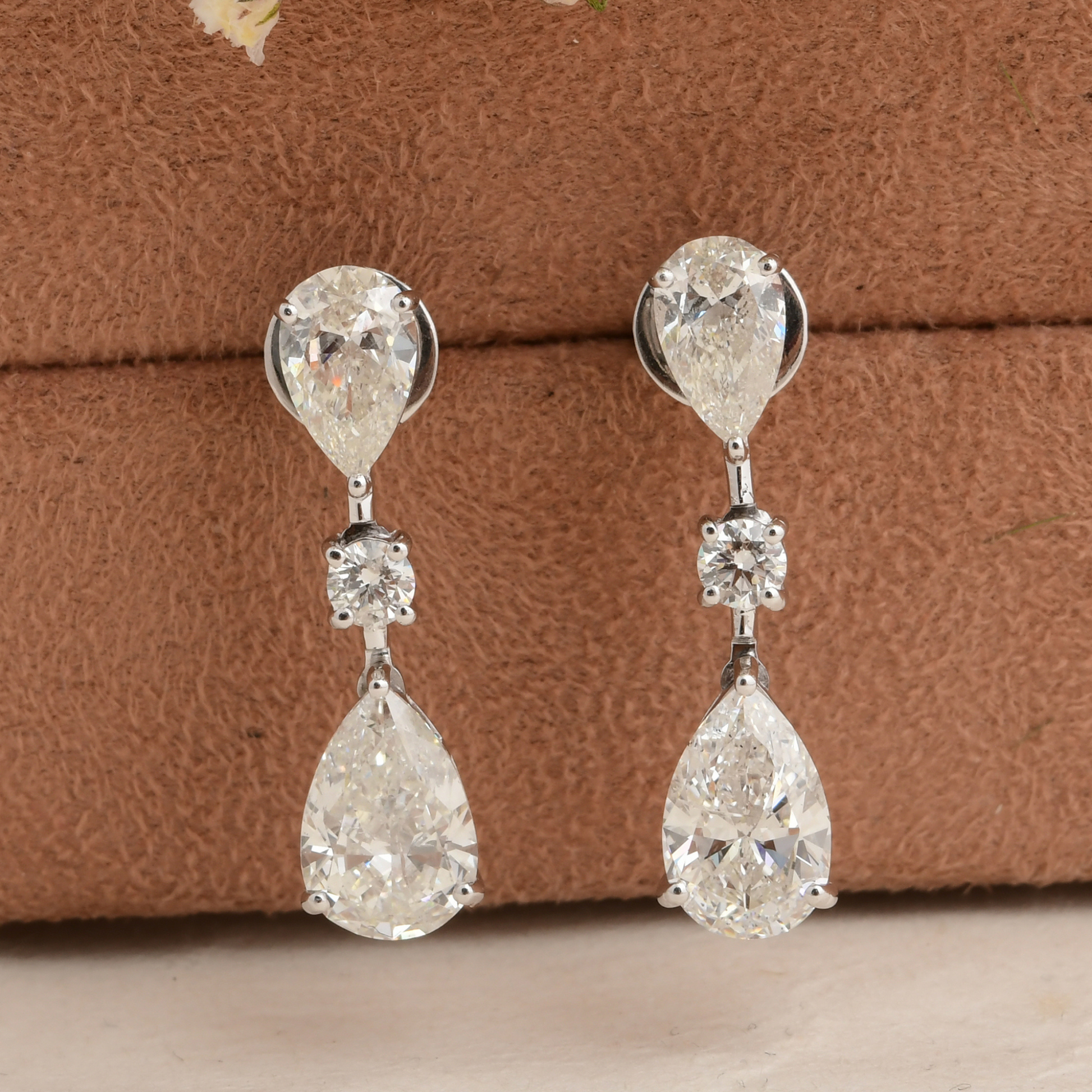 Natural Pear Round Shaped Diamond Drop Earrings in Gold Handmade Fine Jewelry
