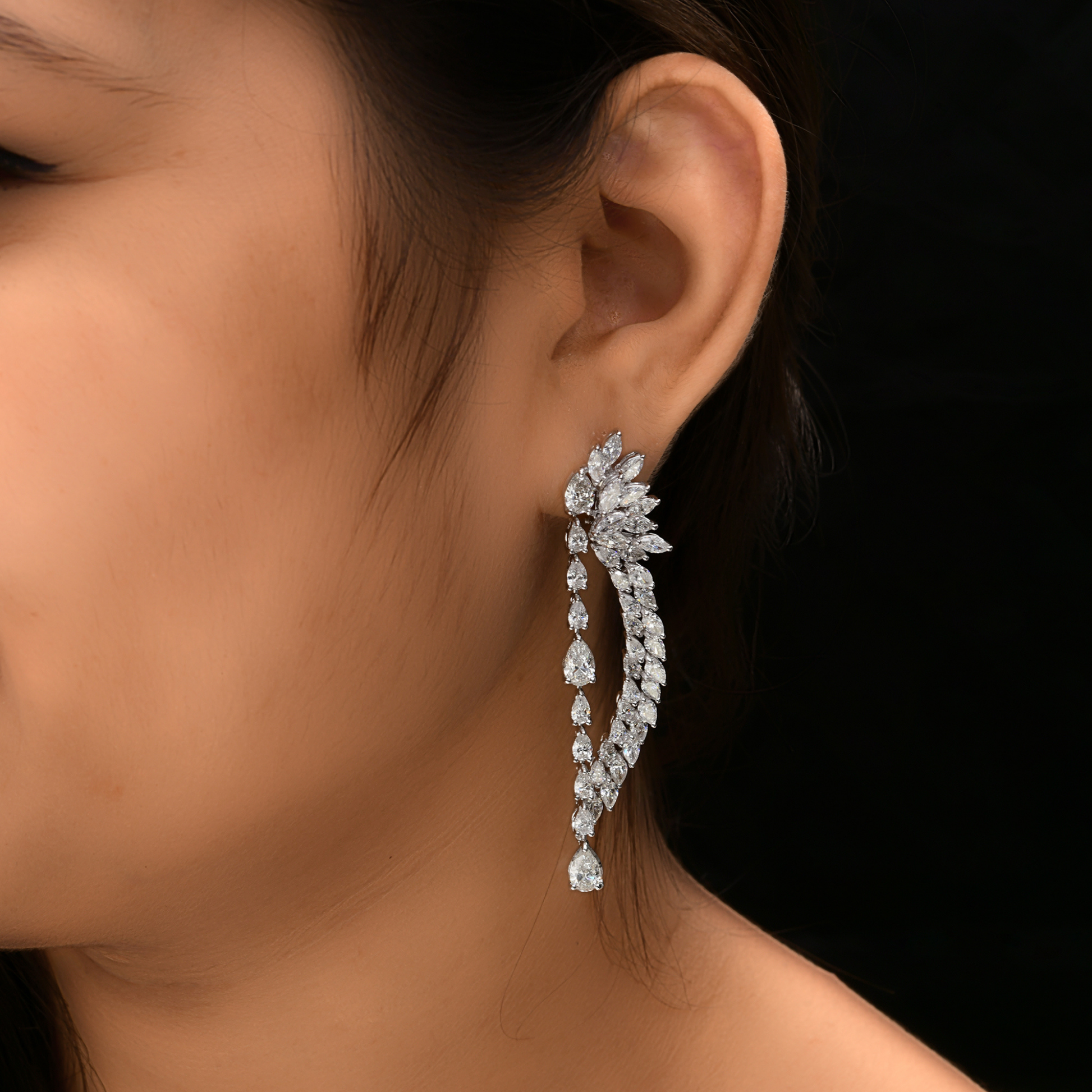 Wing Inspired Marquise & Pear Diamond Dangle Drop Earrings in Fine Gold