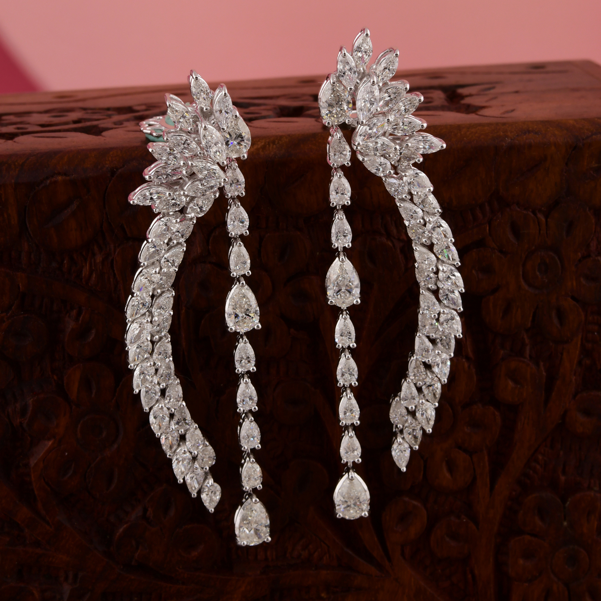 Wing Inspired Marquise & Pear Diamond Dangle Drop Earrings in Fine Gold