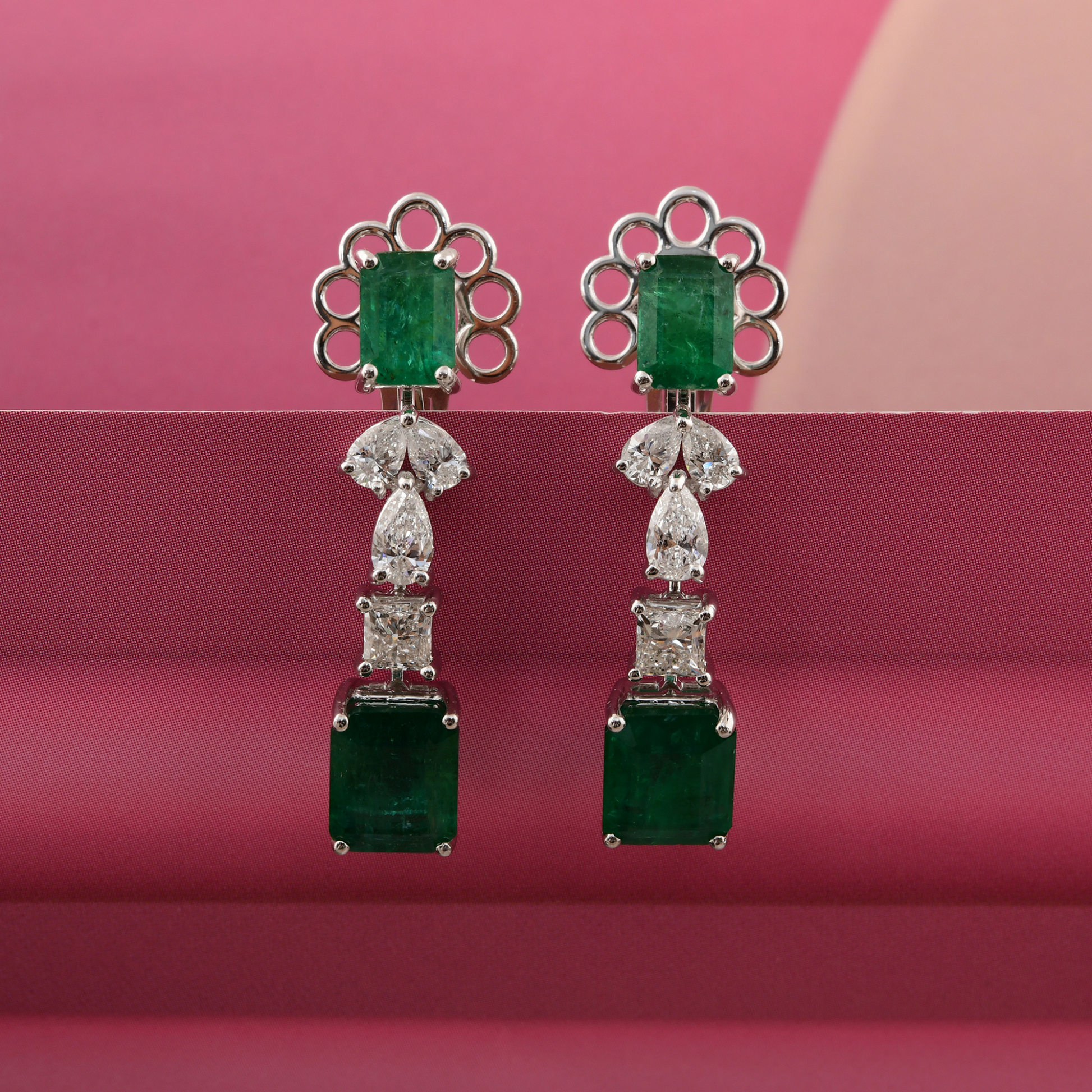 Zambian Emerald Gemstone SI/H Gold Diamond Dangle Drop Earrings