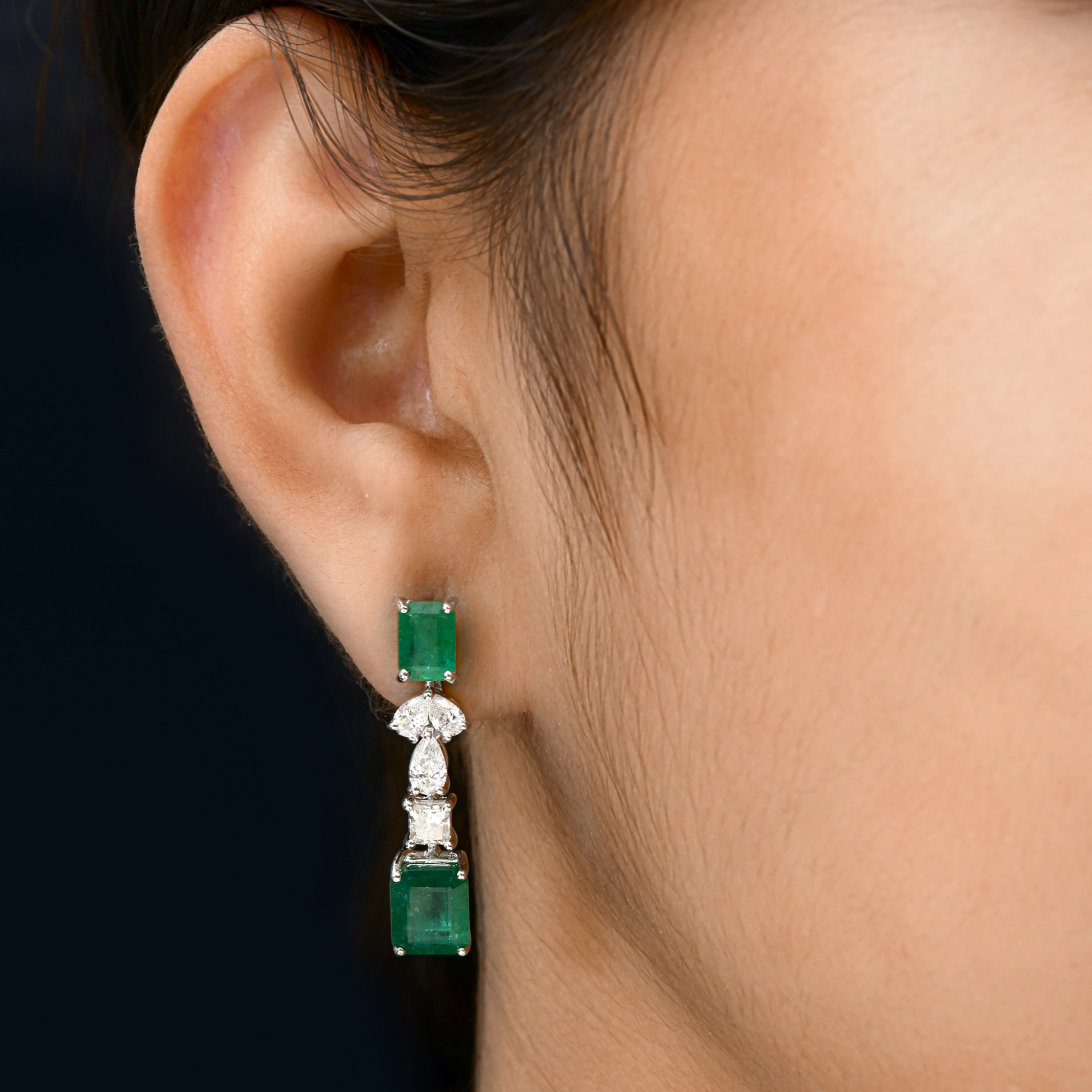 Zambian Emerald Gemstone SI/H Gold Diamond Dangle Drop Earrings