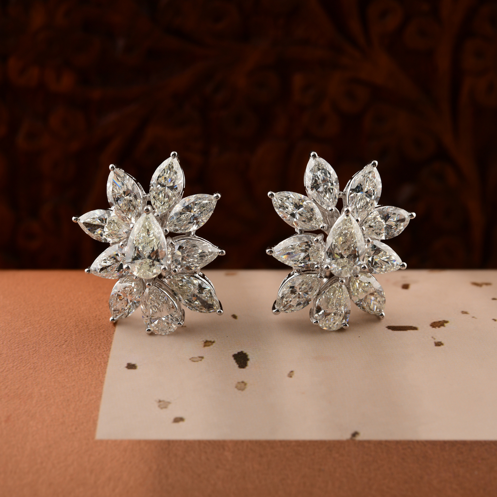 Statement Marquise Pear Cut Cluster Diamond Gold Stud Earrings