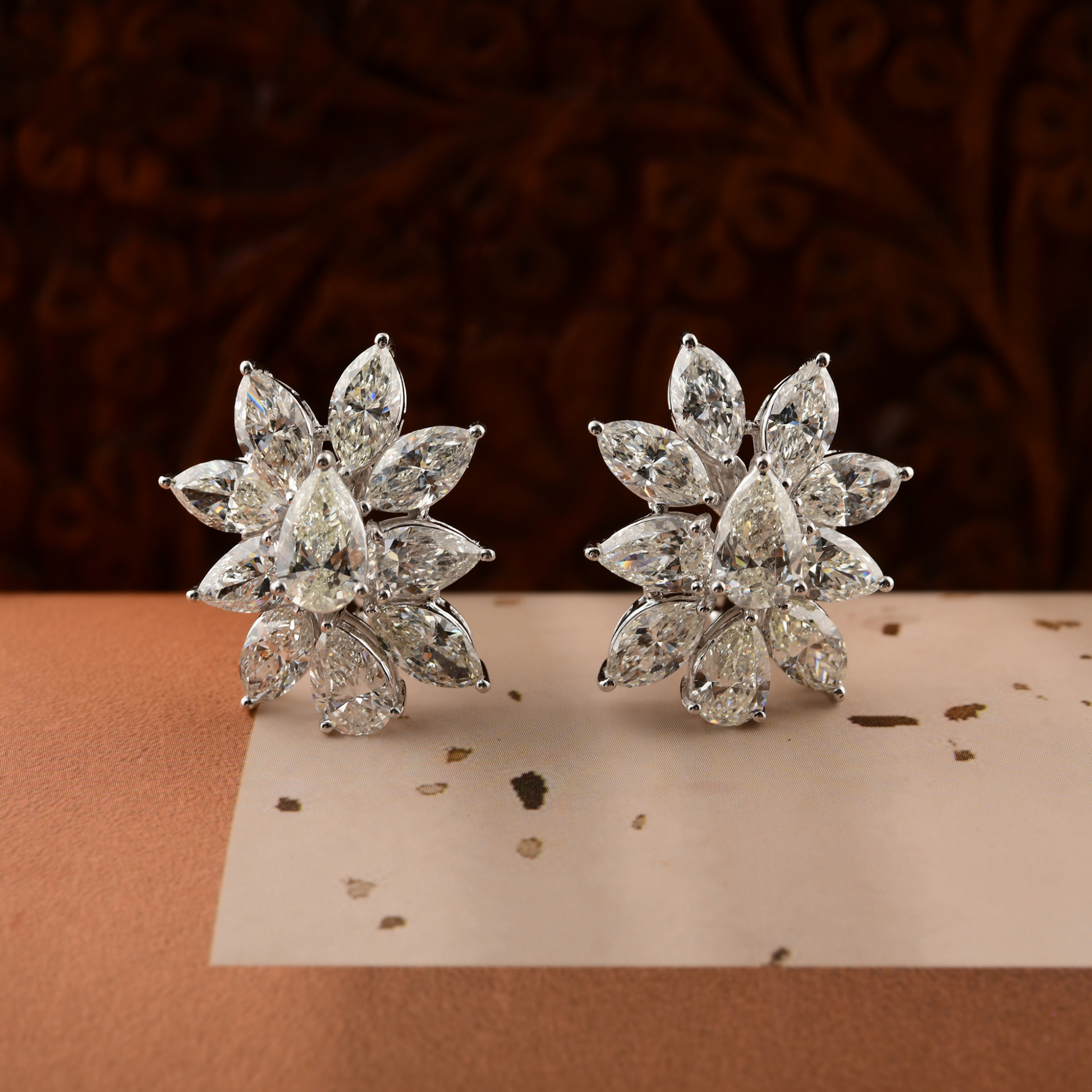 Statement Marquise Pear Cut Cluster Diamond Gold Stud Earrings