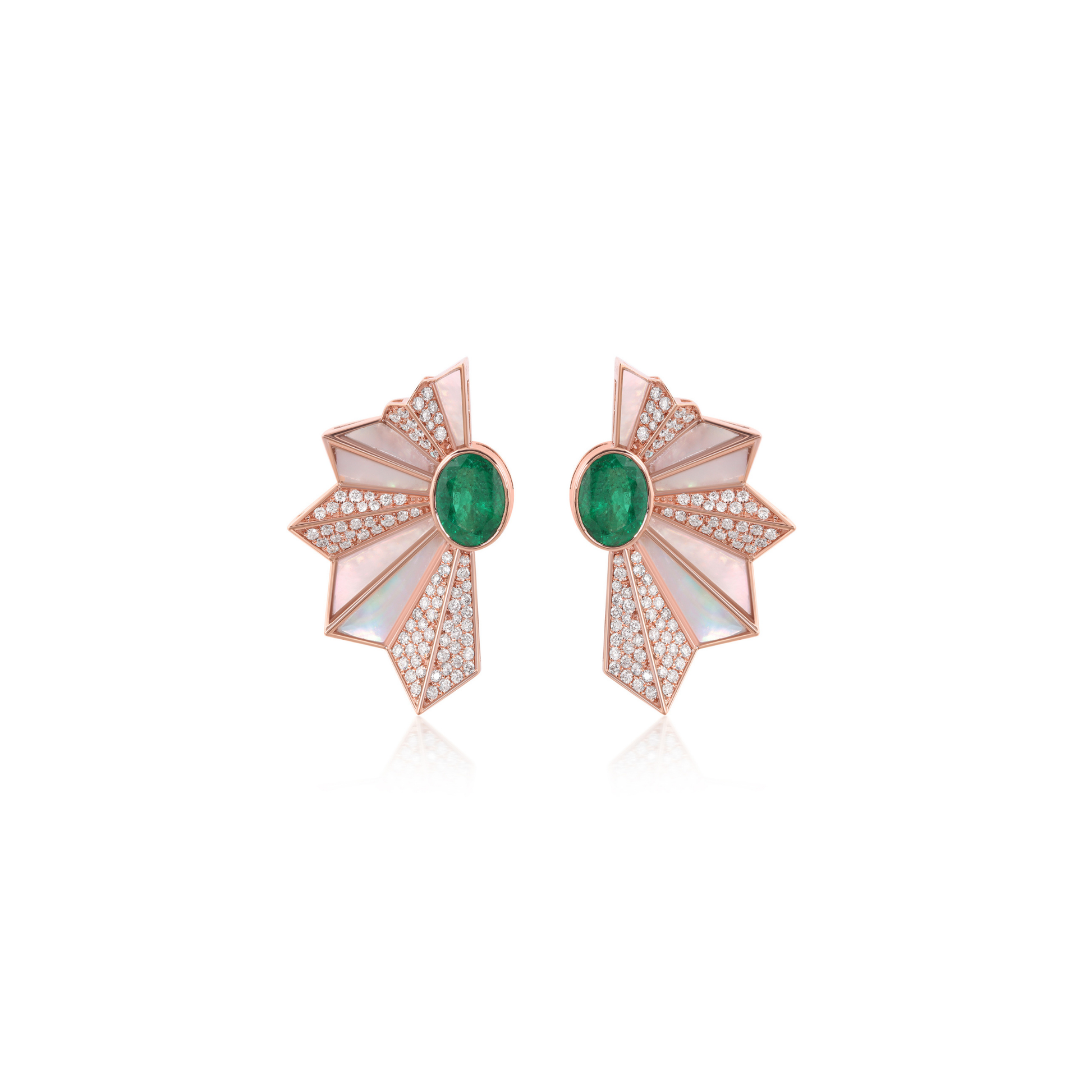 Starburst Zambian Emerald & Mother of Pearl Diamond Art Deco Gold Stud Earrings