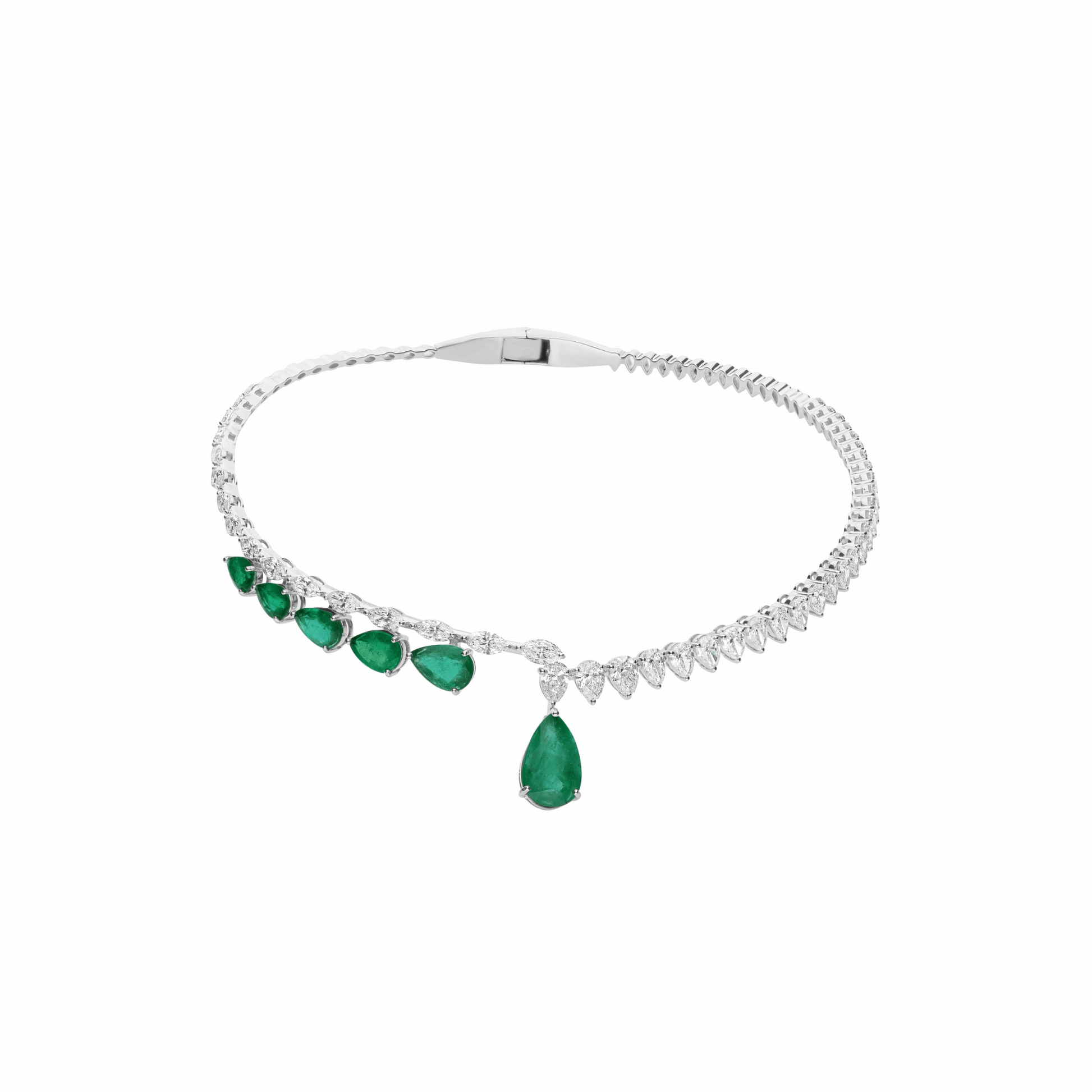 19.14 Tcw Zambian Emerald SI/H Pear Diamond Cuff Choker Necklace 18K Gold