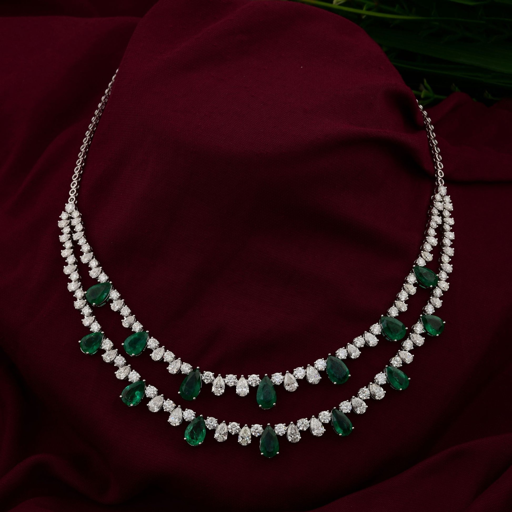 31.17 Tcw Pear Zambian Emerald Natural Diamond Necklace in 18k Fine Gold