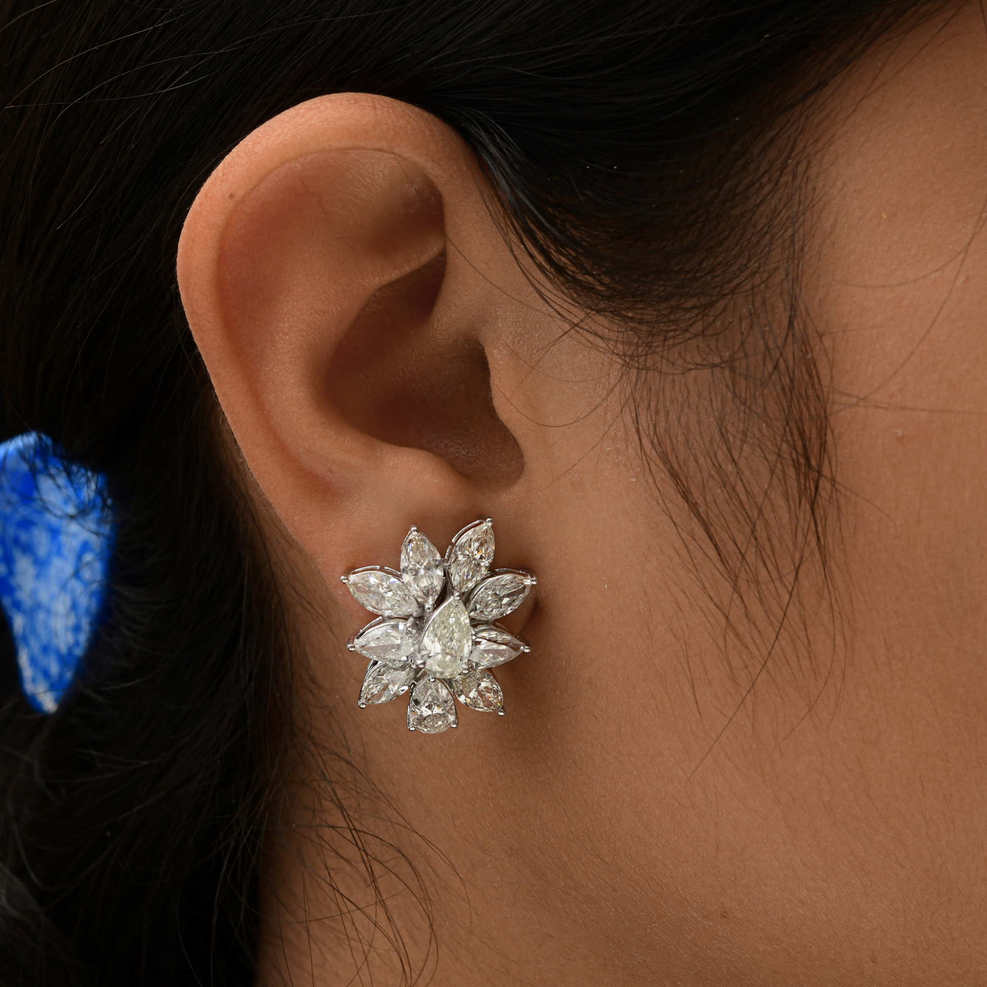 Statement Marquise Pear Cut Cluster Diamond Gold Stud Earrings