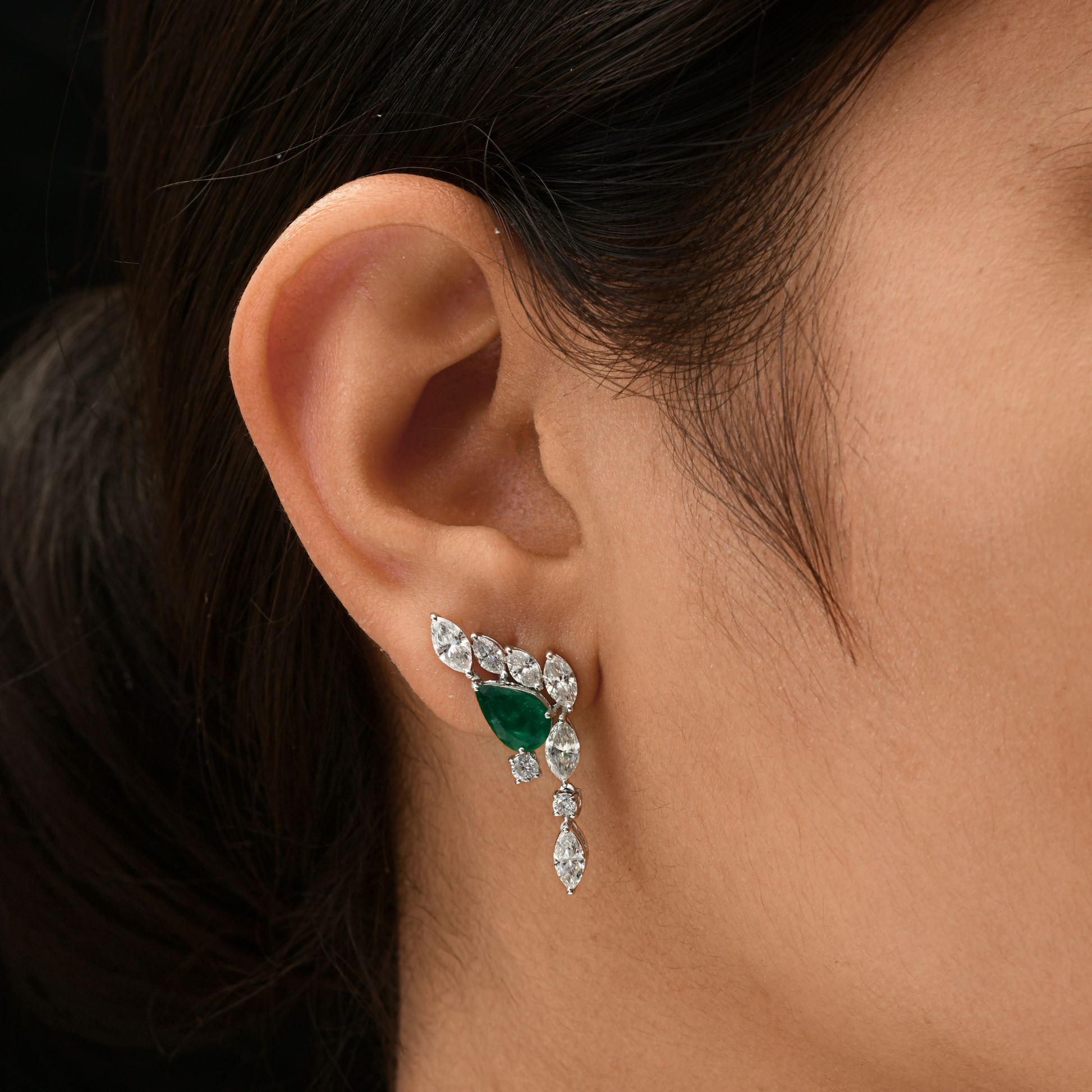 SI Clarity HI Color 4.93 Tcw Zambian Emerald and Marquise Diamond Gold Earrings