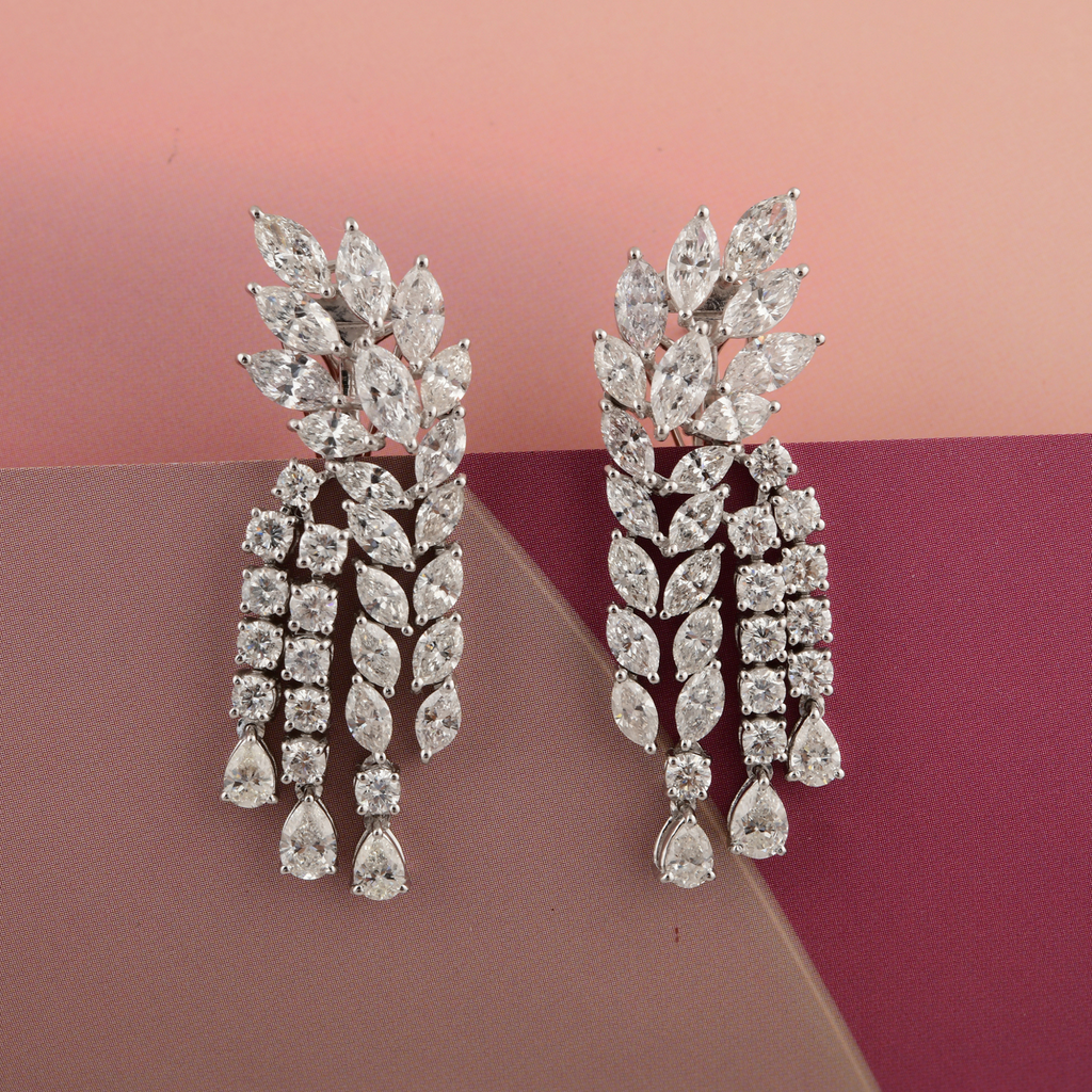 Floral 10.75 Carat Marquise & Round Diamond Chandelier Dangle Gold Earrings