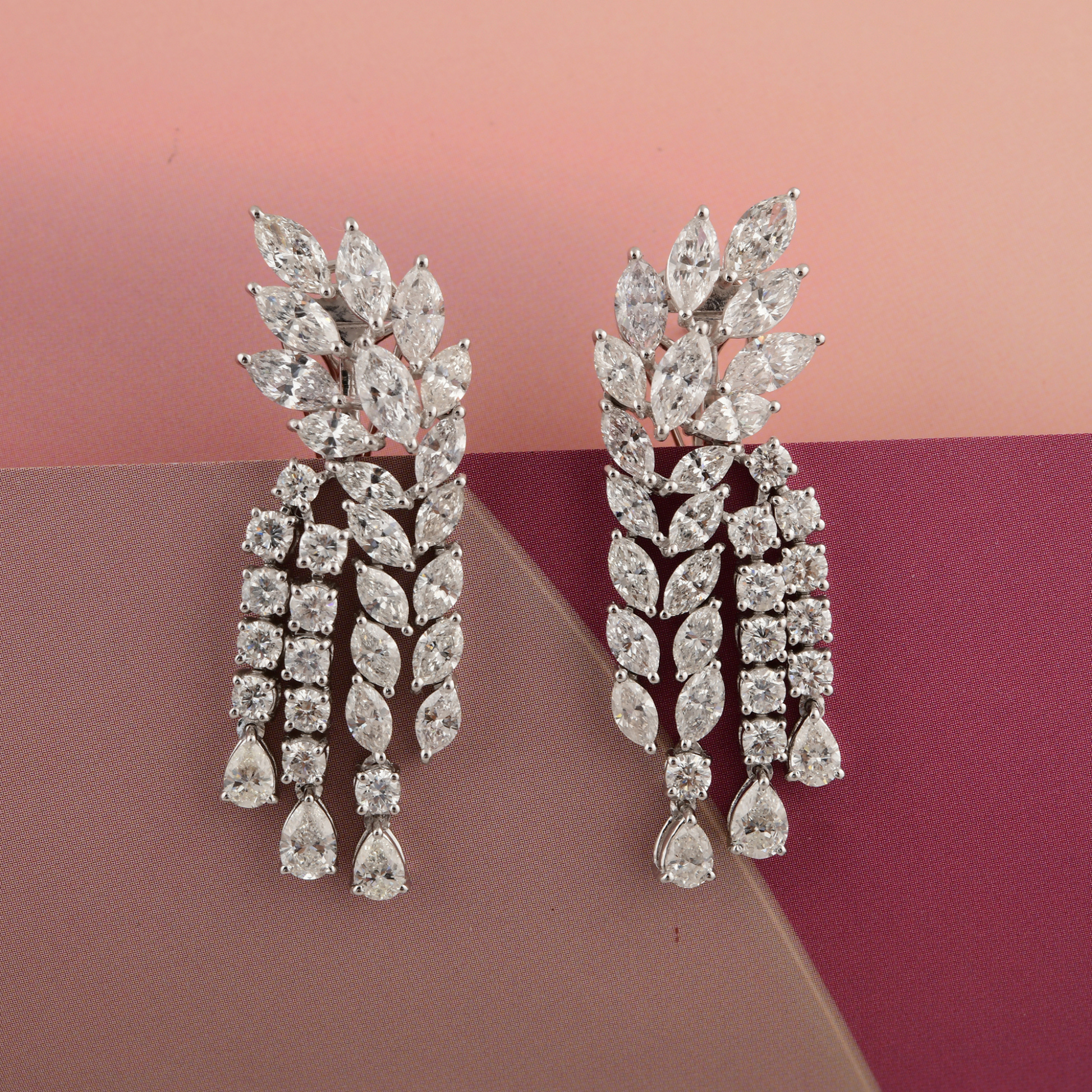 Floral 10.75 Carat Marquise & Round Diamond Chandelier Dangle Gold Earrings