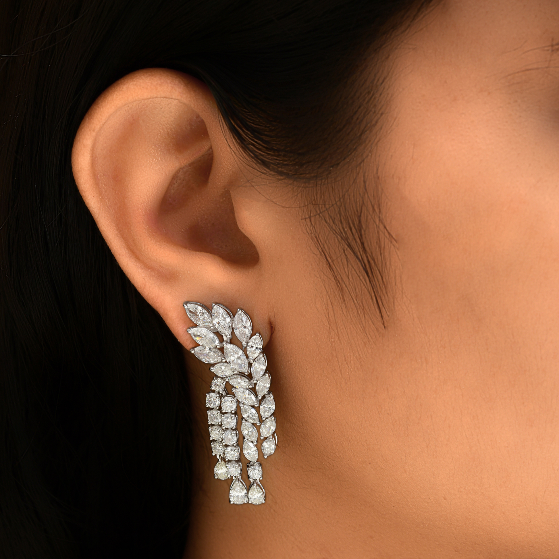 Floral 10.75 Carat Marquise & Round Diamond Chandelier Dangle Gold Earrings